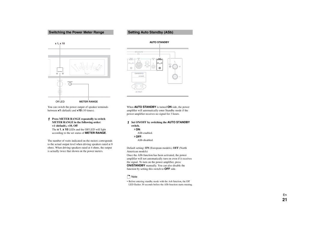 Onkyo M-5000R Switching the Power Meter Range Setting Auto Standby ASb, Set ON/OFF by switching the Auto Standby switch 