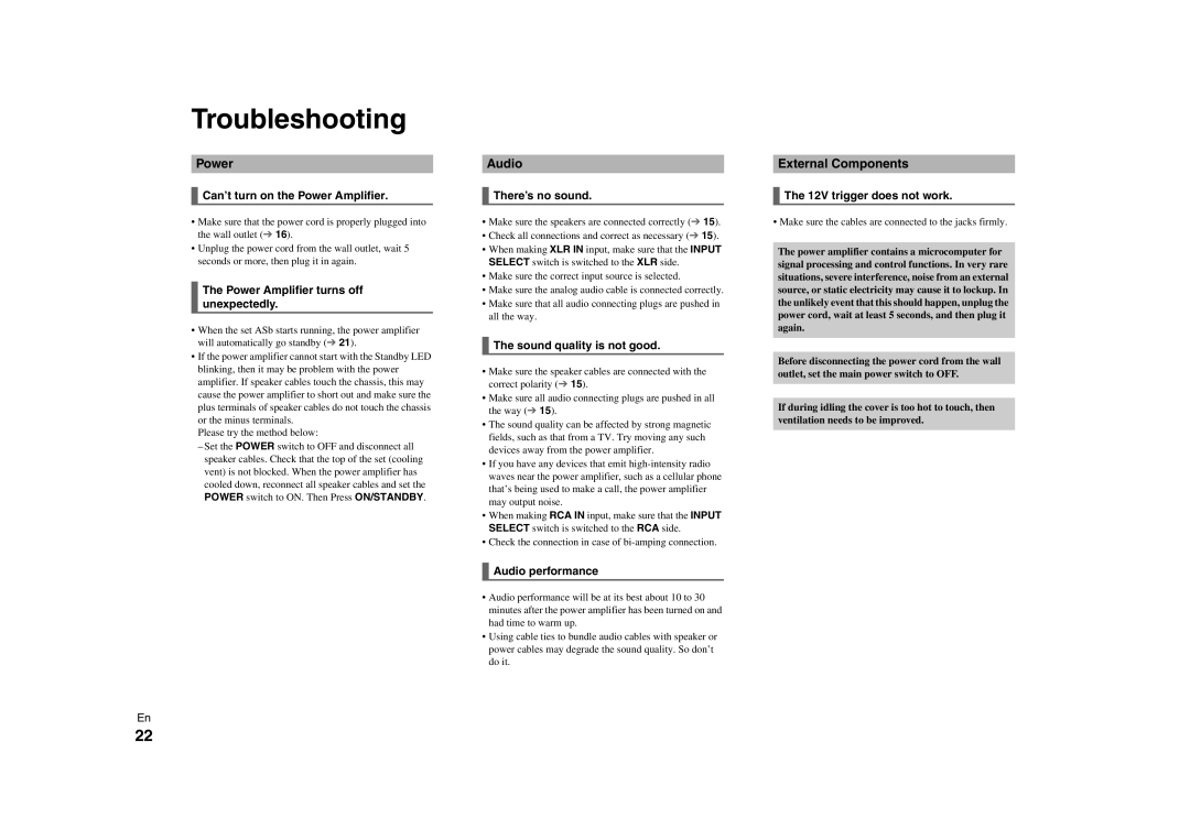 Onkyo M-5000R instruction manual Troubleshooting, Audio, External Components 