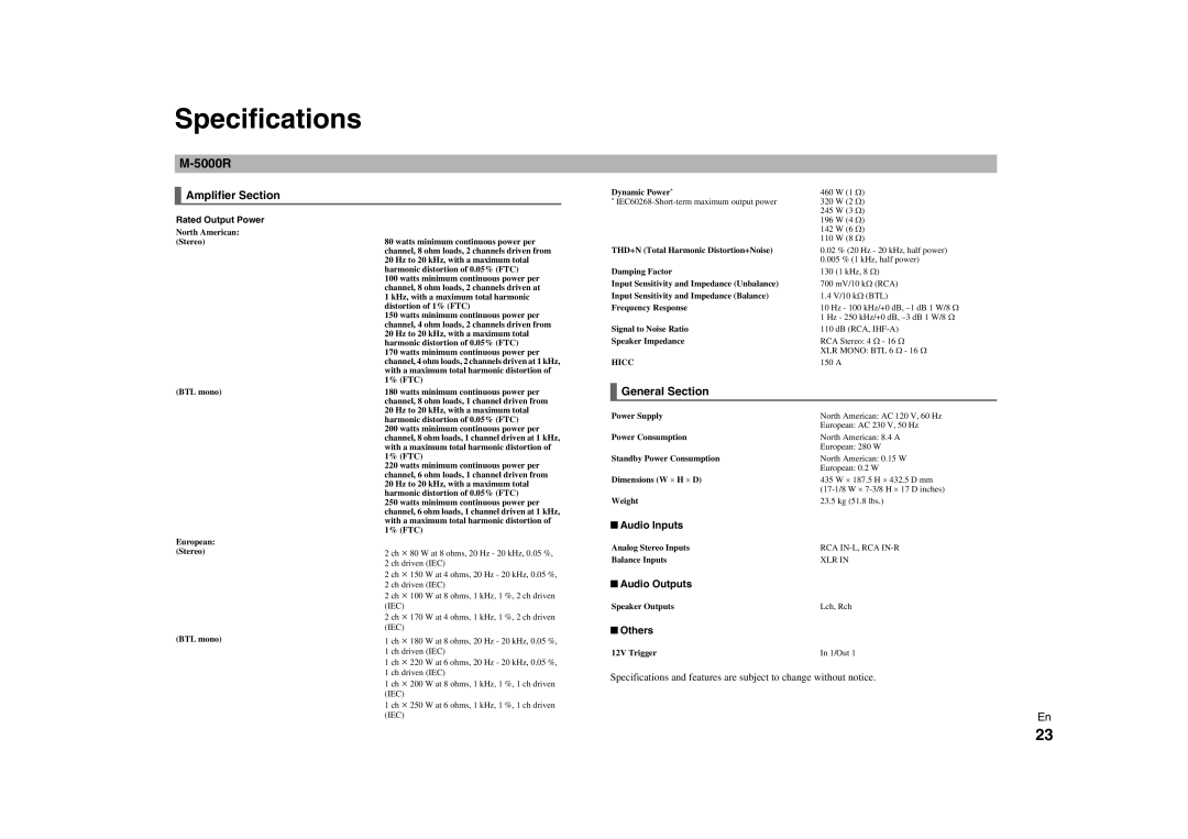 Onkyo M-5000R instruction manual Specifications, Amplifier Section, General Section 