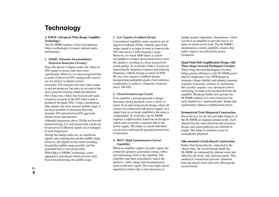 Onkyo M-5000R instruction manual Wrat Advanced Wide Range Amplifier Technology 