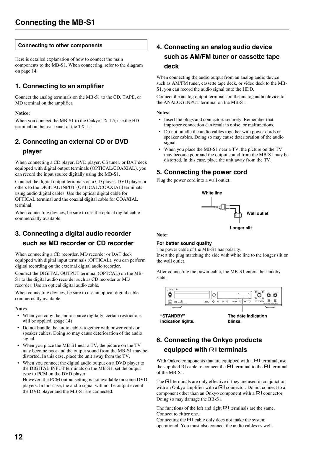 Onkyo instruction manual Connecting the MB-S1, Connecting to an amplifier, Connecting an external CD or DVD player 