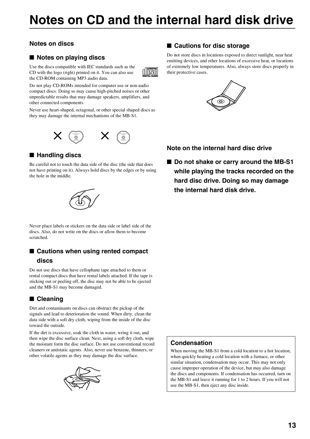 Onkyo MB-S1 instruction manual Handling discs, Cleaning, Condensation 