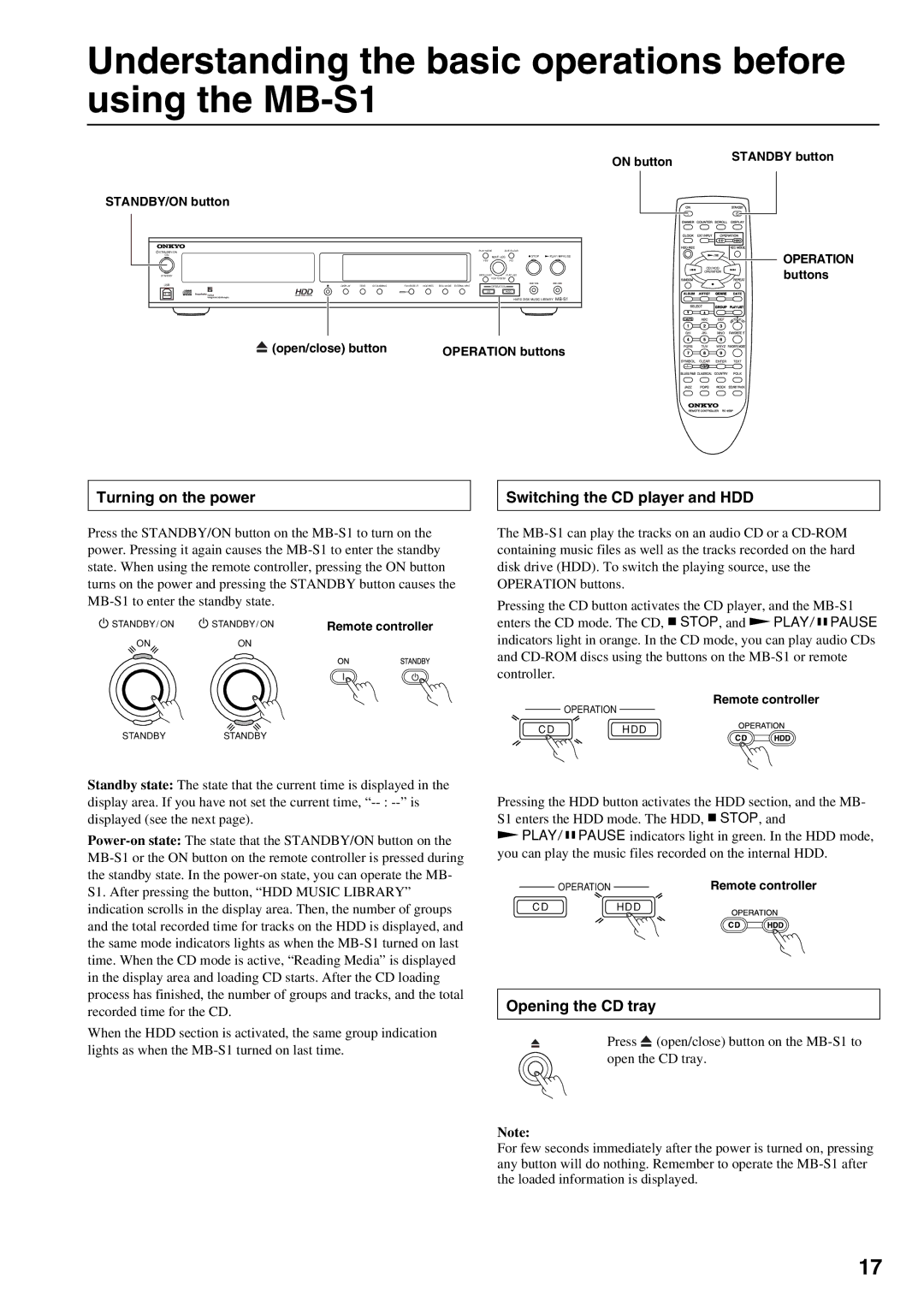 Onkyo MB-S1 instruction manual Turning on the power, Switching the CD player and HDD, Opening the CD tray 