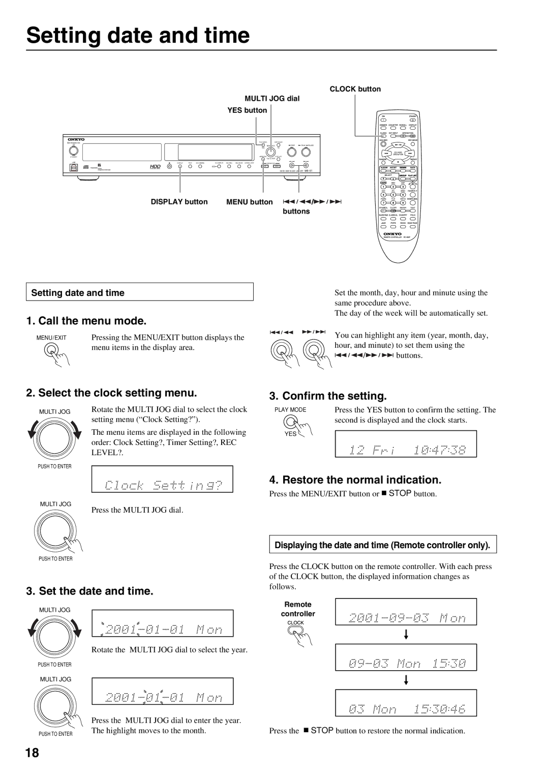 Onkyo MB-S1 instruction manual Setting date and time 