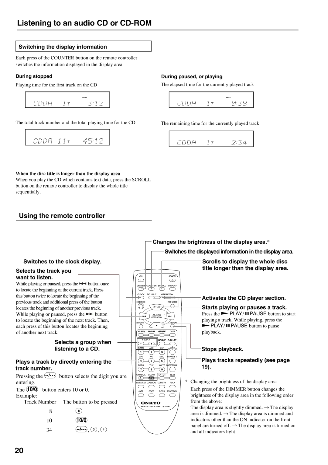 Onkyo MB-S1 instruction manual Listening to an audio CD or CD-ROM, Using the remote controller 