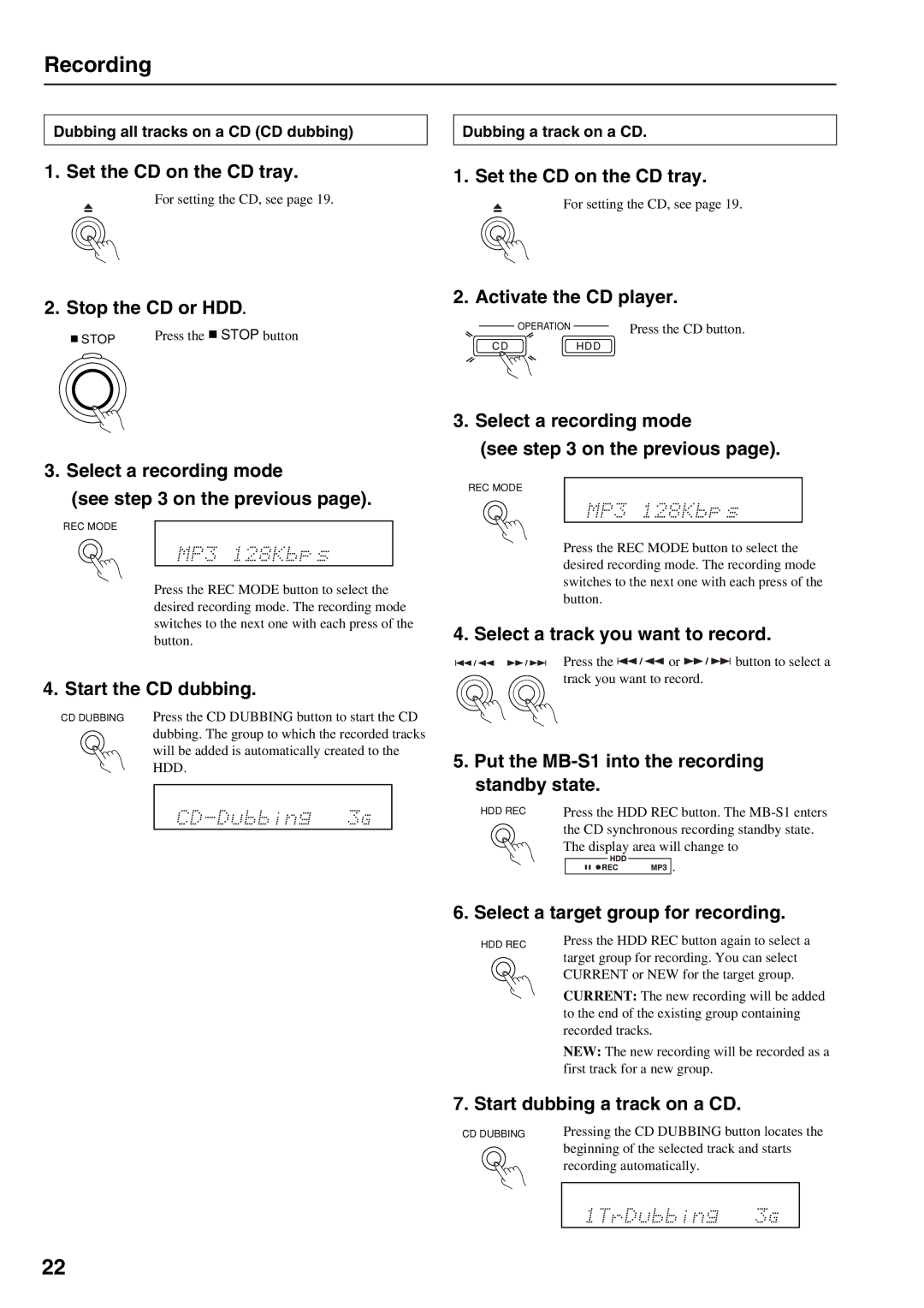 Onkyo MB-S1 instruction manual Recording 