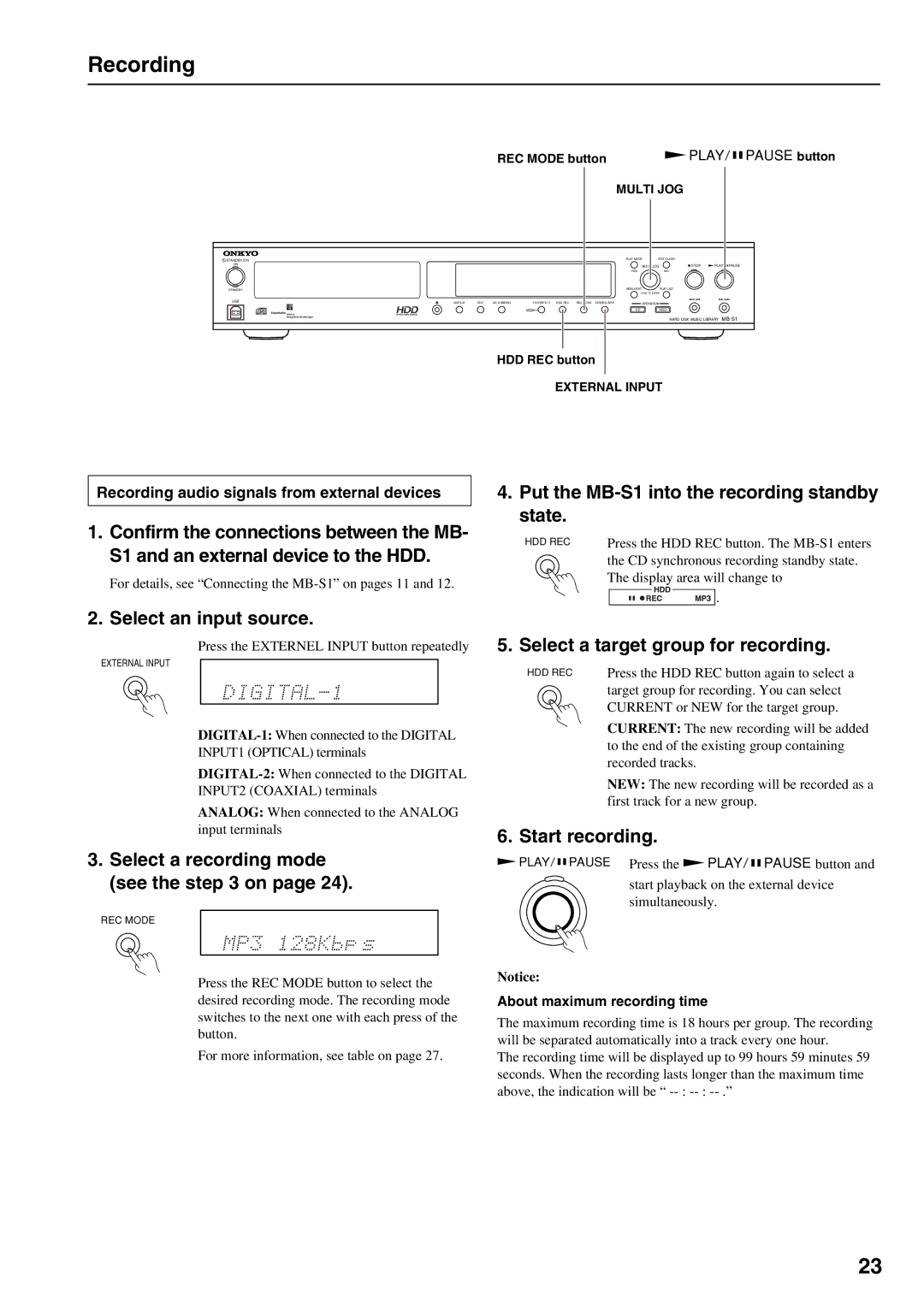 Onkyo MB-S1 Select an input source, Select a recording mode see the on, Recording audio signals from external devices 