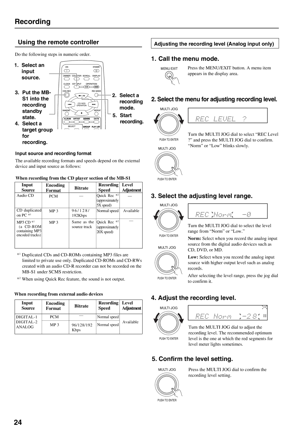 Onkyo MB-S1 Select the menu for adjusting recording level, Select the adjusting level range, Adjust the recording level 