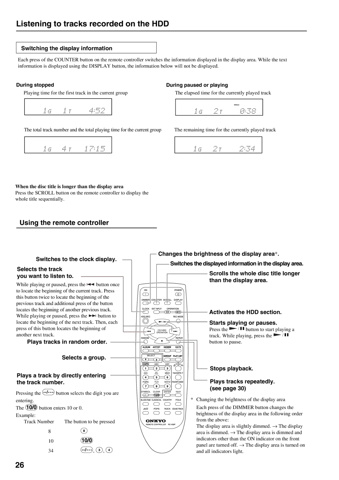 Onkyo MB-S1 instruction manual Listening to tracks recorded on the HDD, Stops playback Plays tracks repeatedly. see 