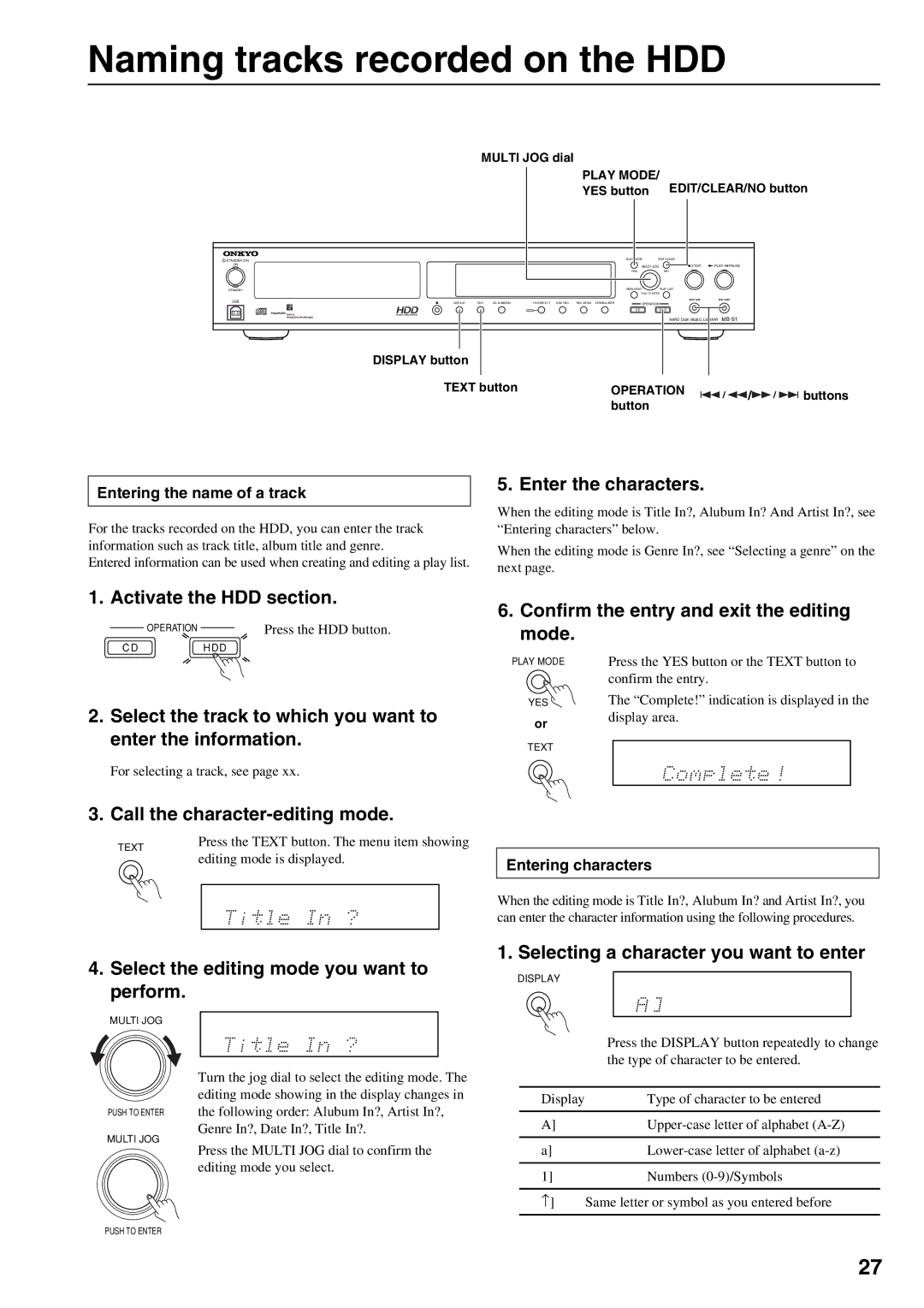 Onkyo MB-S1 instruction manual Naming tracks recorded on the HDD 