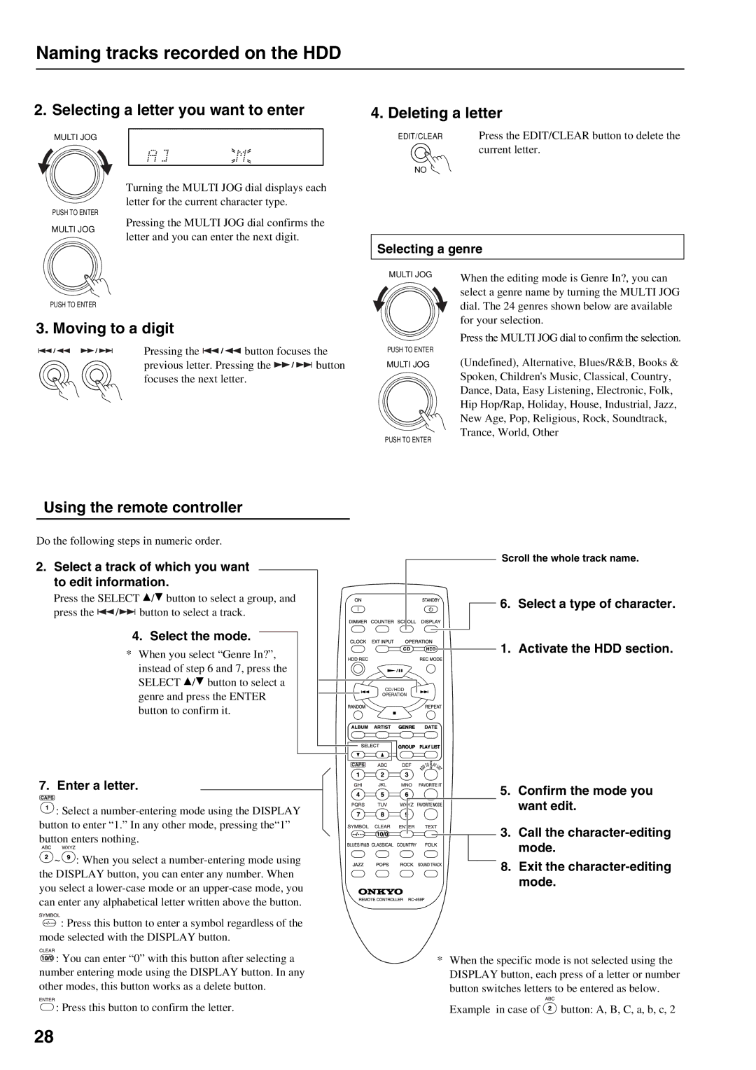 Onkyo MB-S1 Naming tracks recorded on the HDD, Selecting a letter you want to enter, Deleting a letter, Moving to a digit 