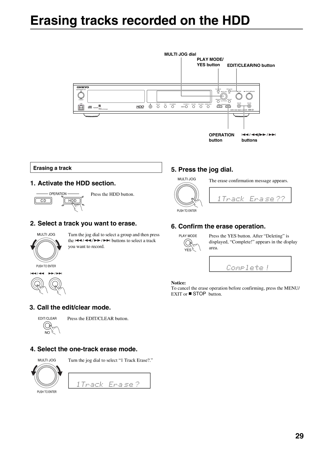 Onkyo MB-S1 instruction manual Erasing tracks recorded on the HDD 