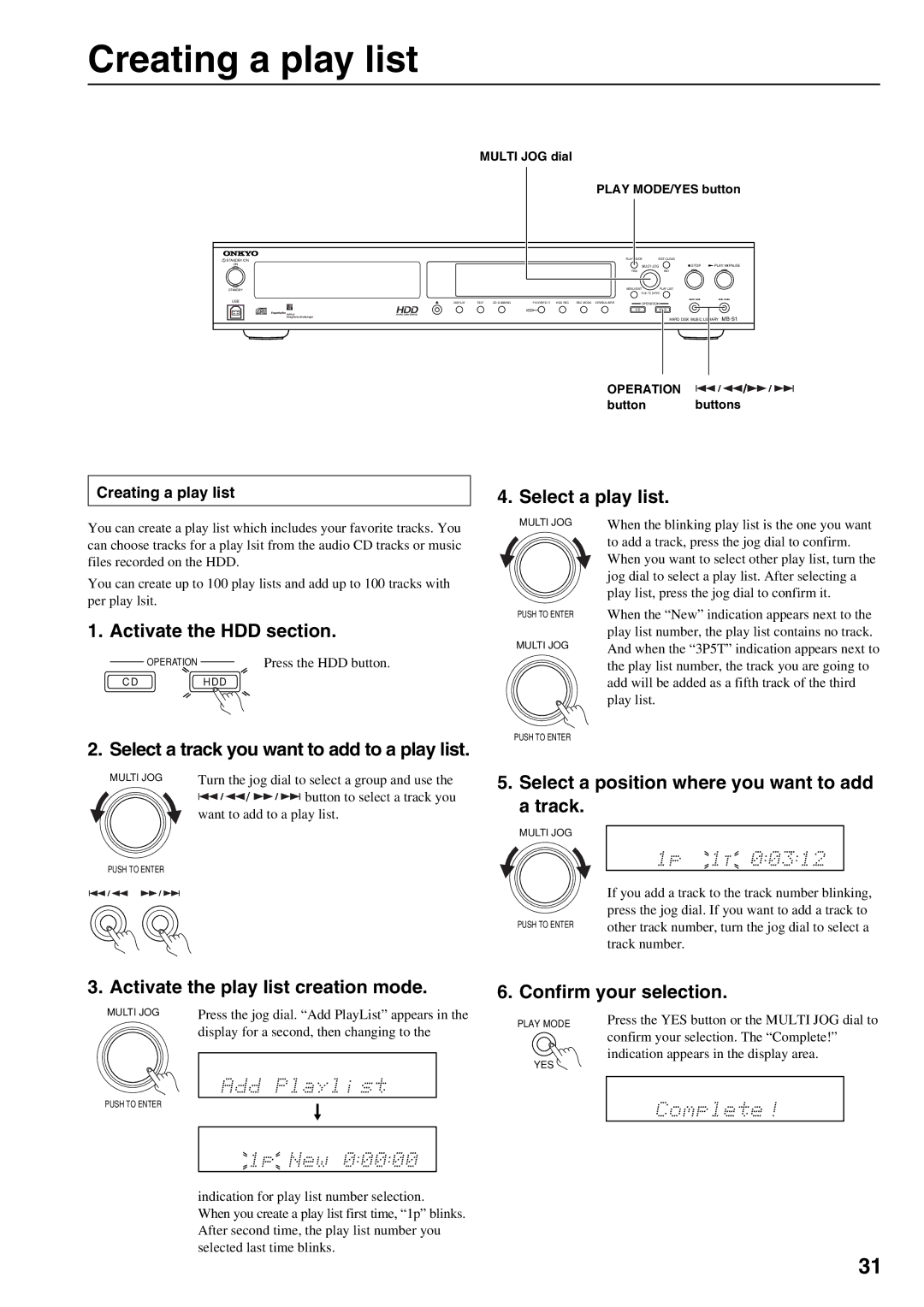 Onkyo MB-S1 instruction manual Creating a play list, Select a play list, Select a track you want to add to a play list 