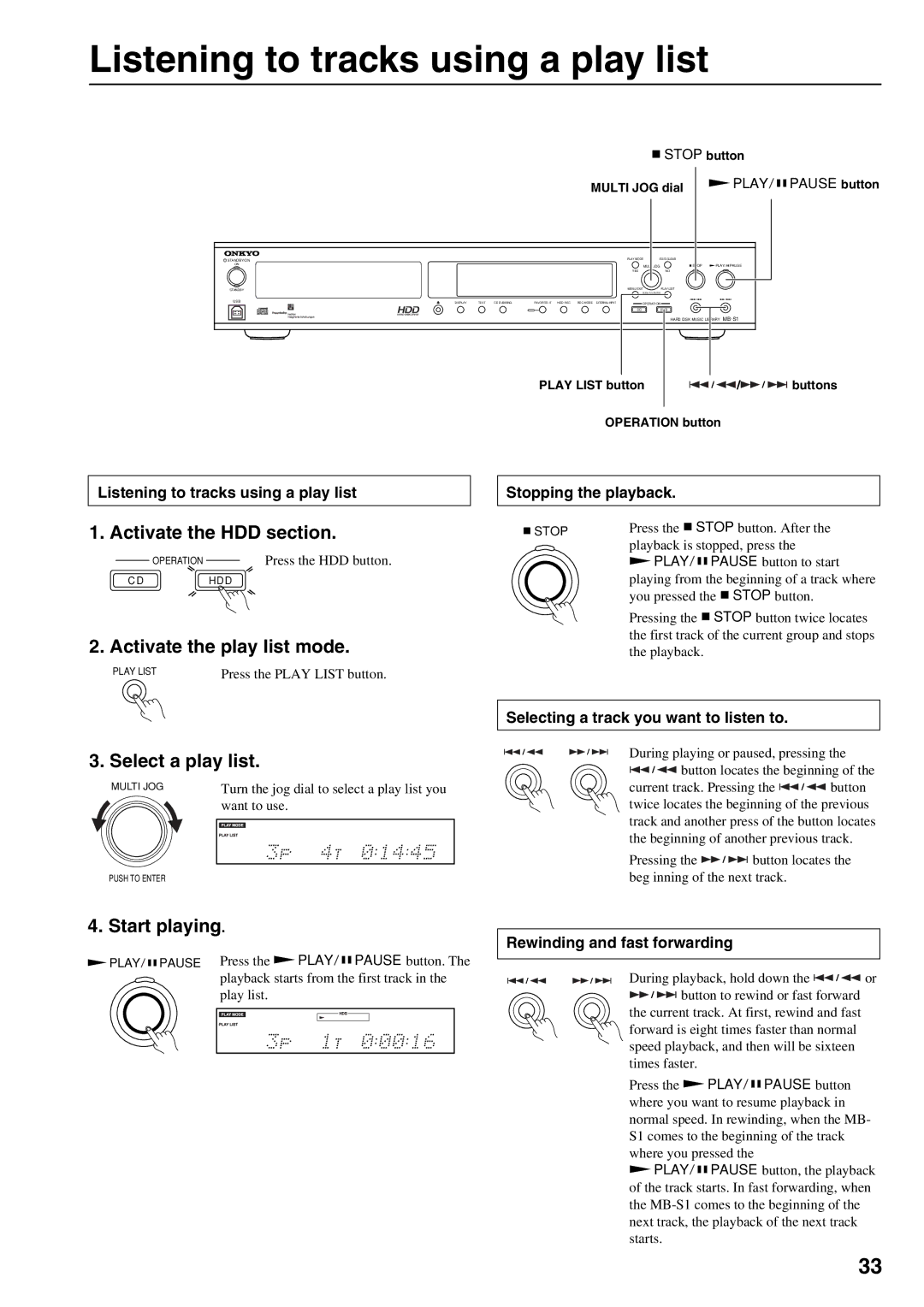 Onkyo MB-S1 Listening to tracks using a play list, Activate the play list mode, Play List button Buttons Operation button 