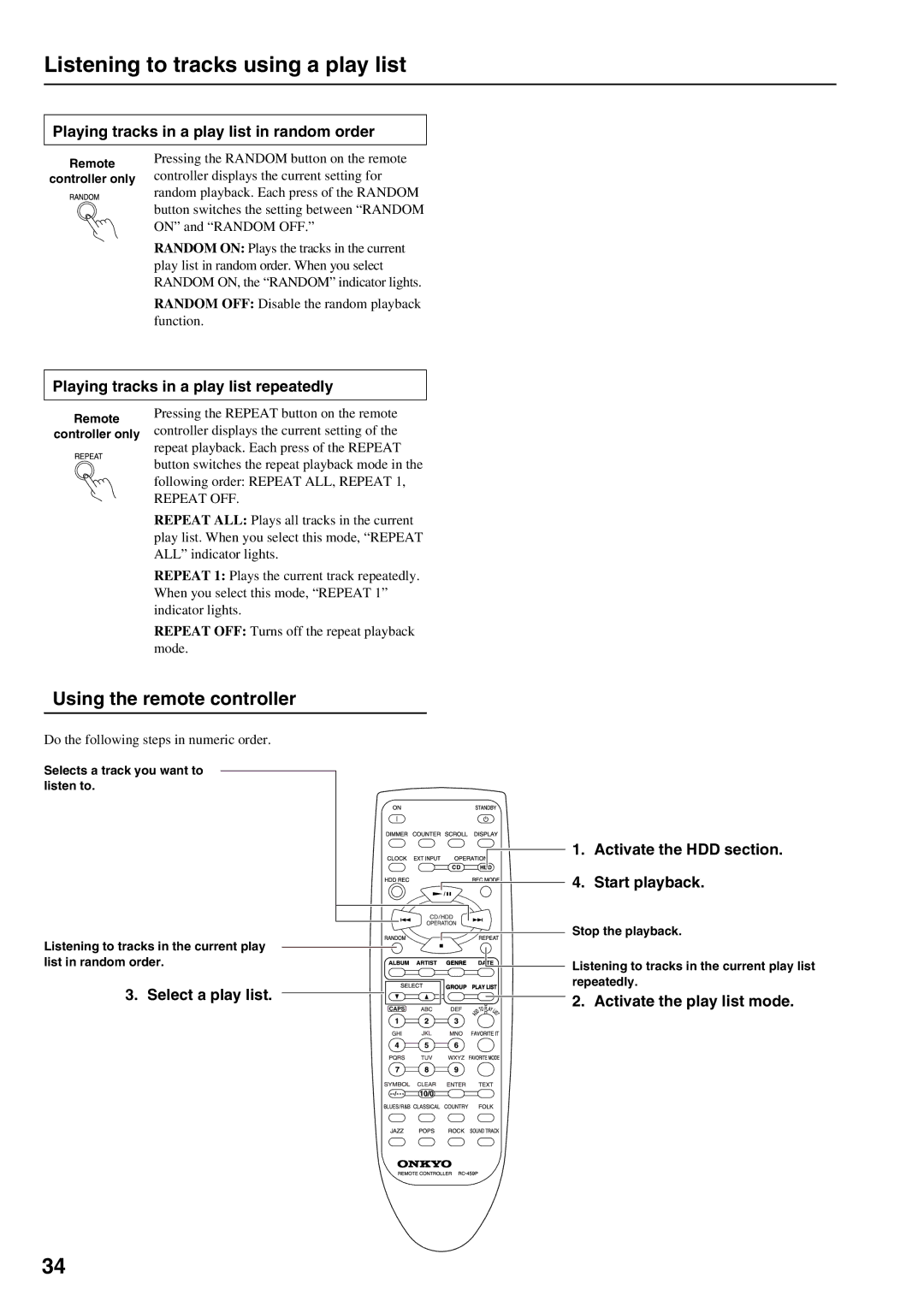 Onkyo MB-S1 instruction manual Listening to tracks using a play list, Playing tracks in a play list in random order 