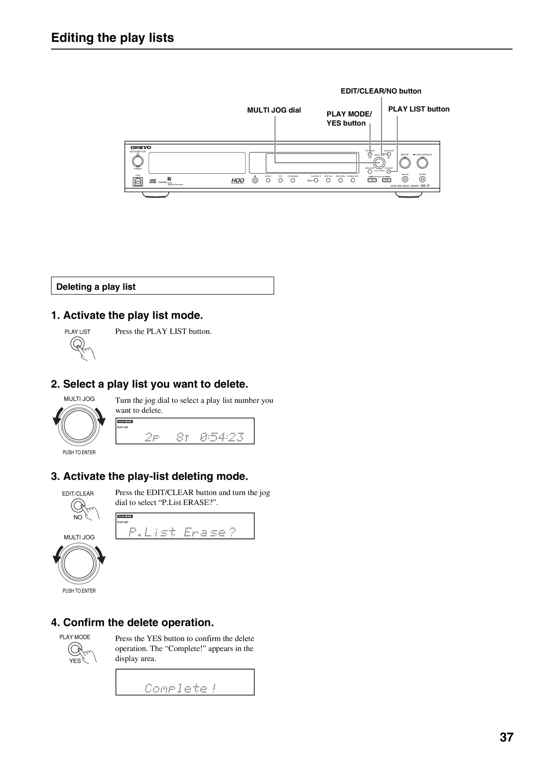 Onkyo MB-S1 Select a play list you want to delete, Activate the play-list deleting mode, Deleting a play list 