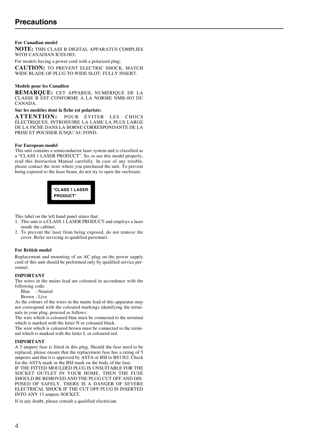 Onkyo MB-S1 instruction manual Precautions, For Canadian model, Modele pour les Canadien, For British model 