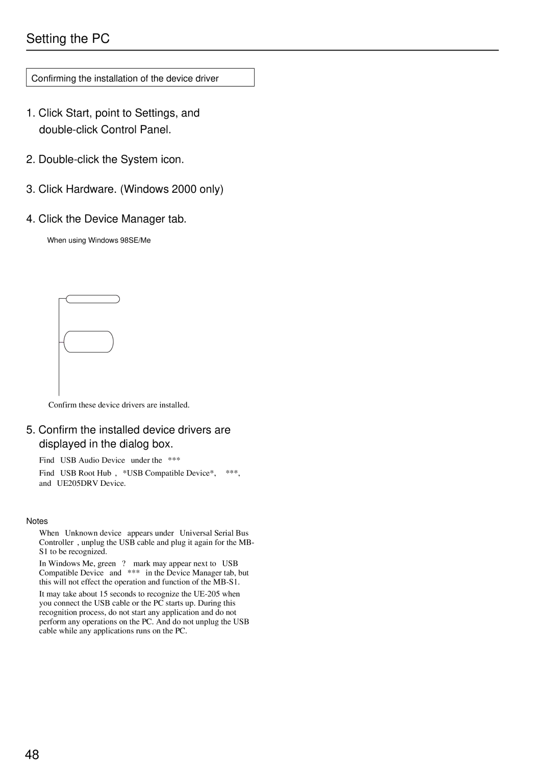 Onkyo MB-S1 instruction manual Setting the PC, Confirming the installation of the device driver, When using Windows 98SE/Me 