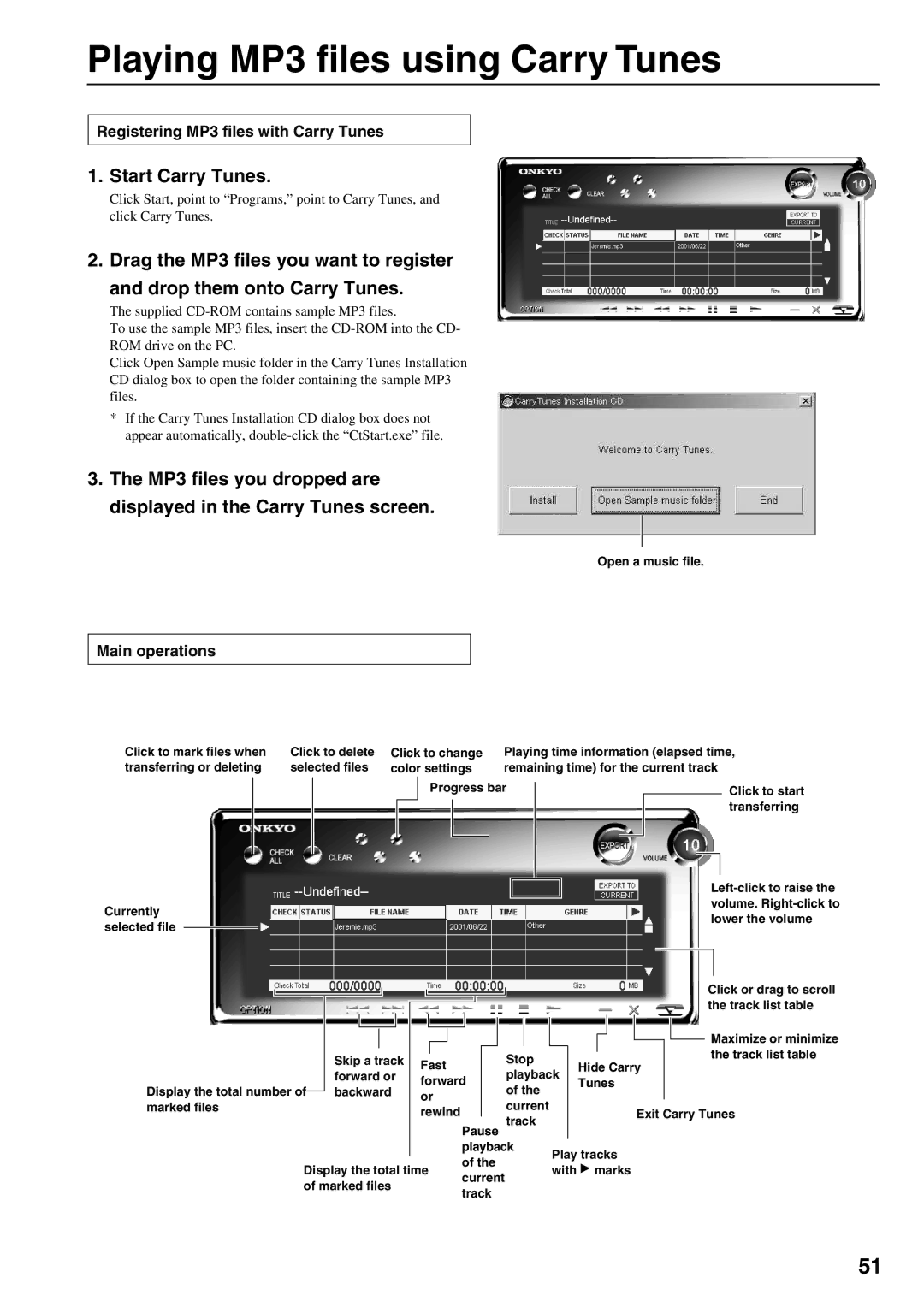 Onkyo MB-S1 Playing MP3 files using Carry Tunes, Start Carry Tunes, Registering MP3 files with Carry Tunes 