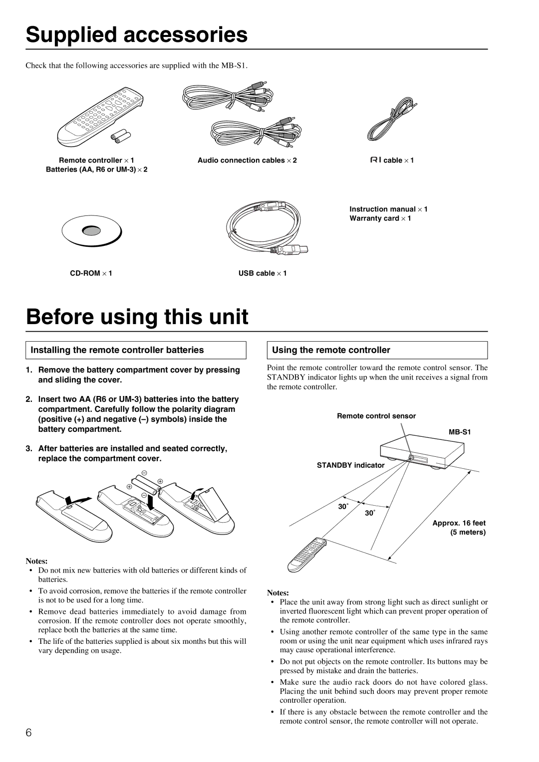 Onkyo MB-S1 instruction manual Supplied accessories, Before using this unit, Installing the remote controller batteries 