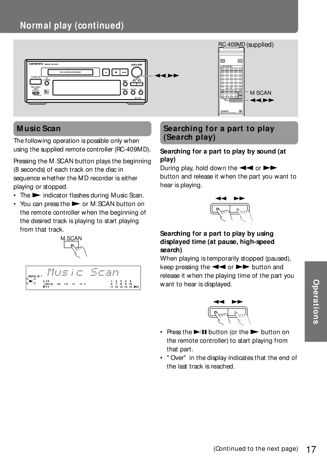 Onkyo MD-105X manual Music Scan, Searching for a part to play Search play, RC-409MDsupplied 