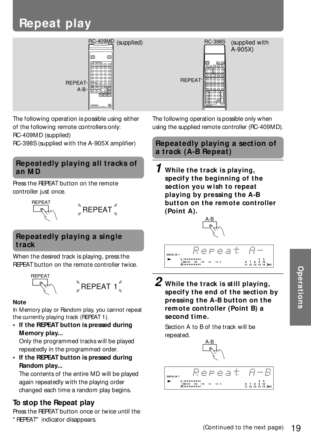 Onkyo MD-105X manual To stop the Repeat play, RC-409MDsupplied RC-398Ssupplied with A-905X 