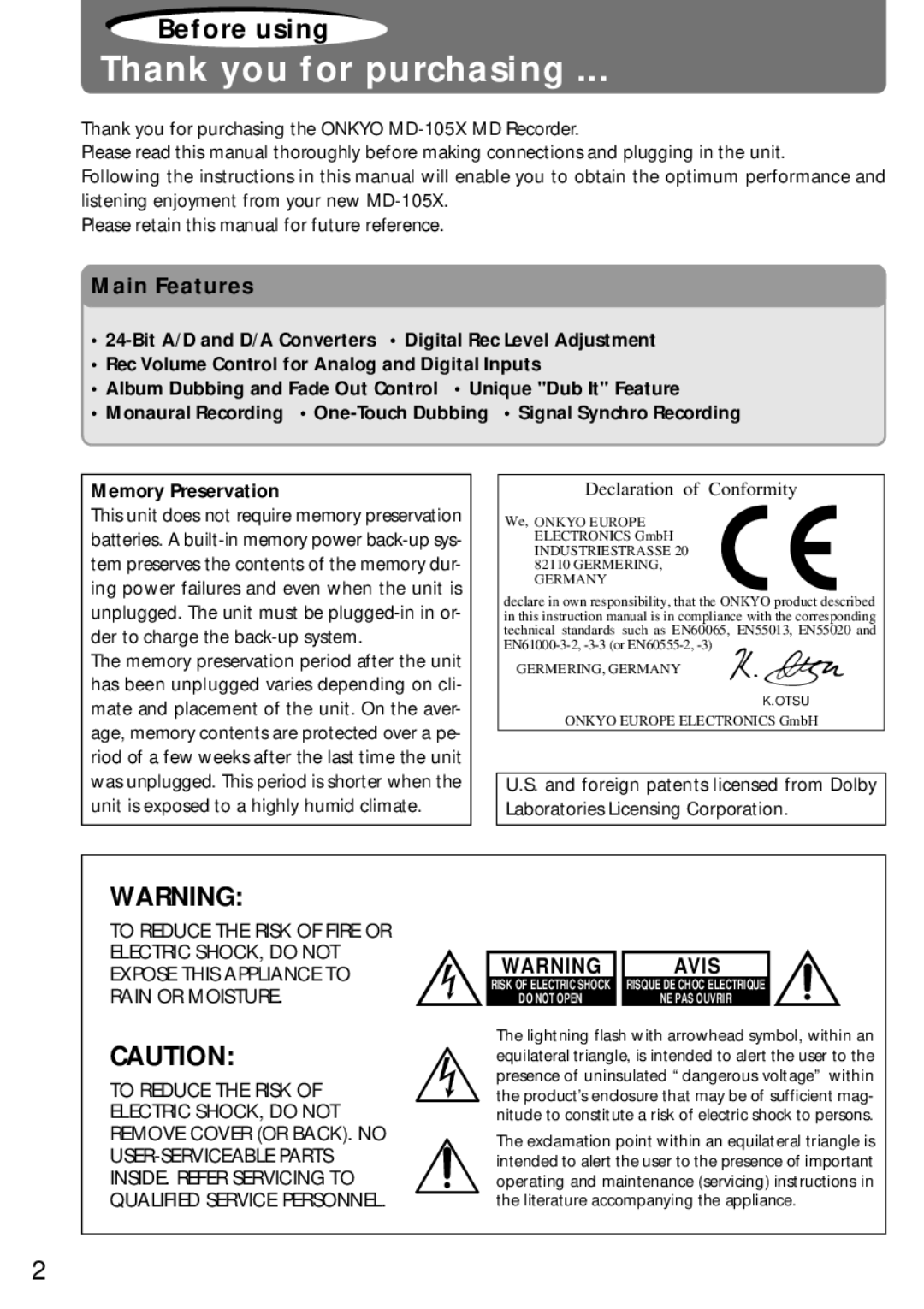 Onkyo MD-105X manual Thank you for purchasing, Main Features 