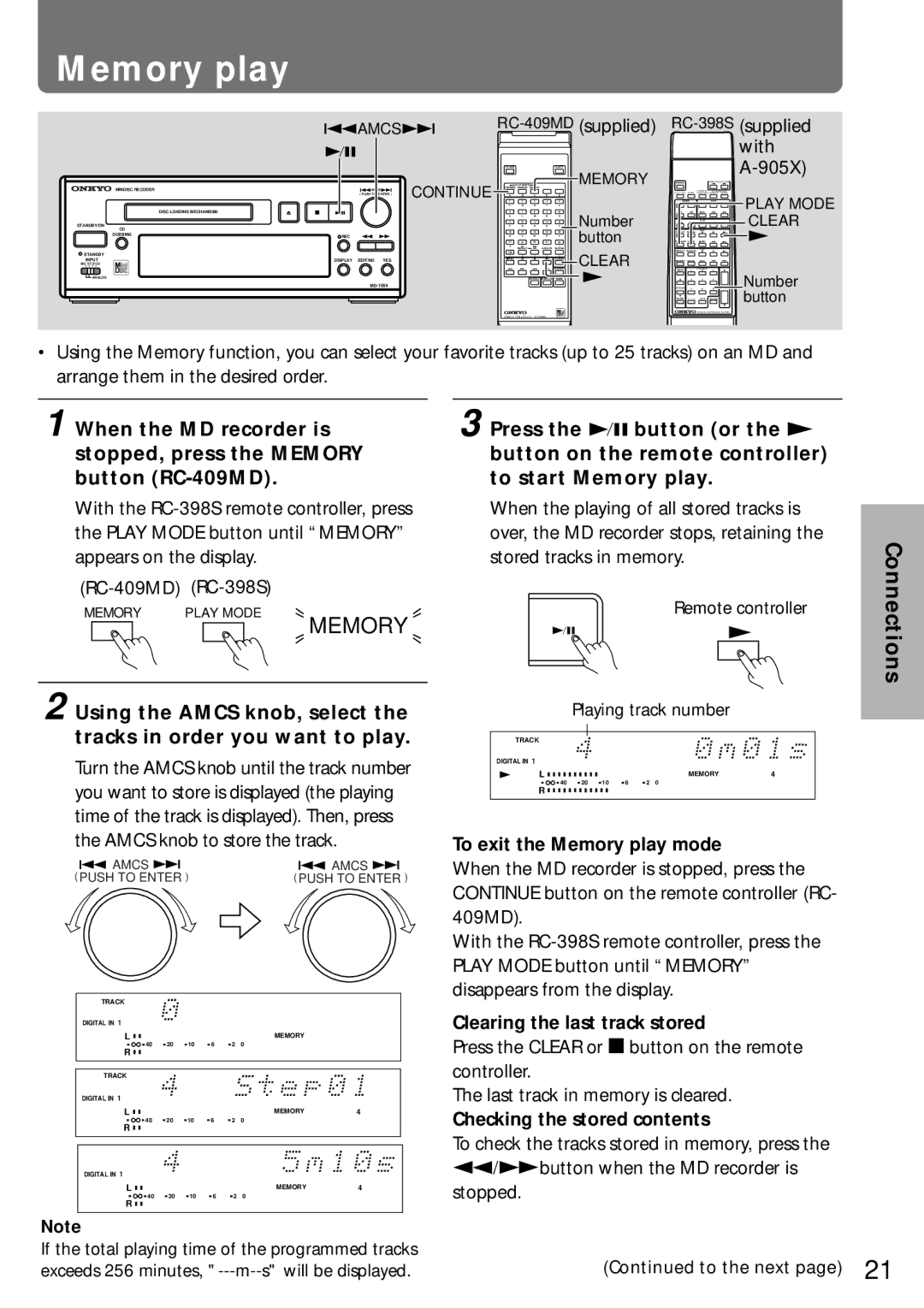 Onkyo MD-105X RC-409MDsupplied RC-398Ssupplied With, To exit the Memory play mode, Clearing the last track stored 