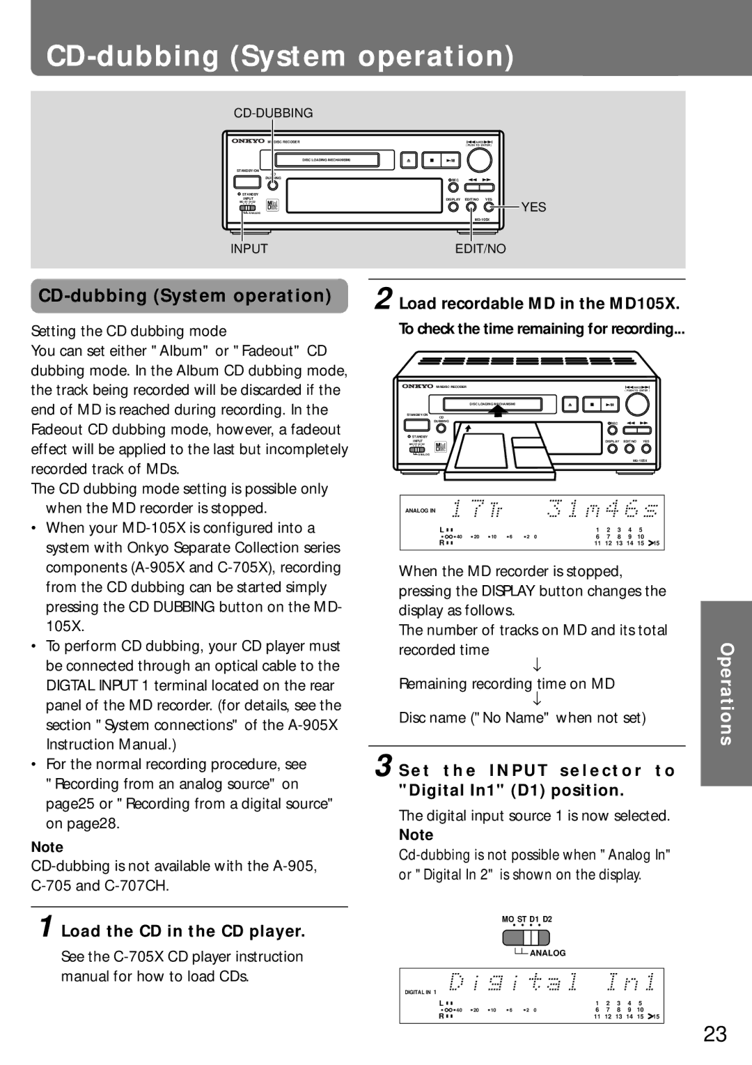 Onkyo MD-105X manual CD-dubbing System operation, Load recordable MD in the MD105X, Load the CD in the CD player 