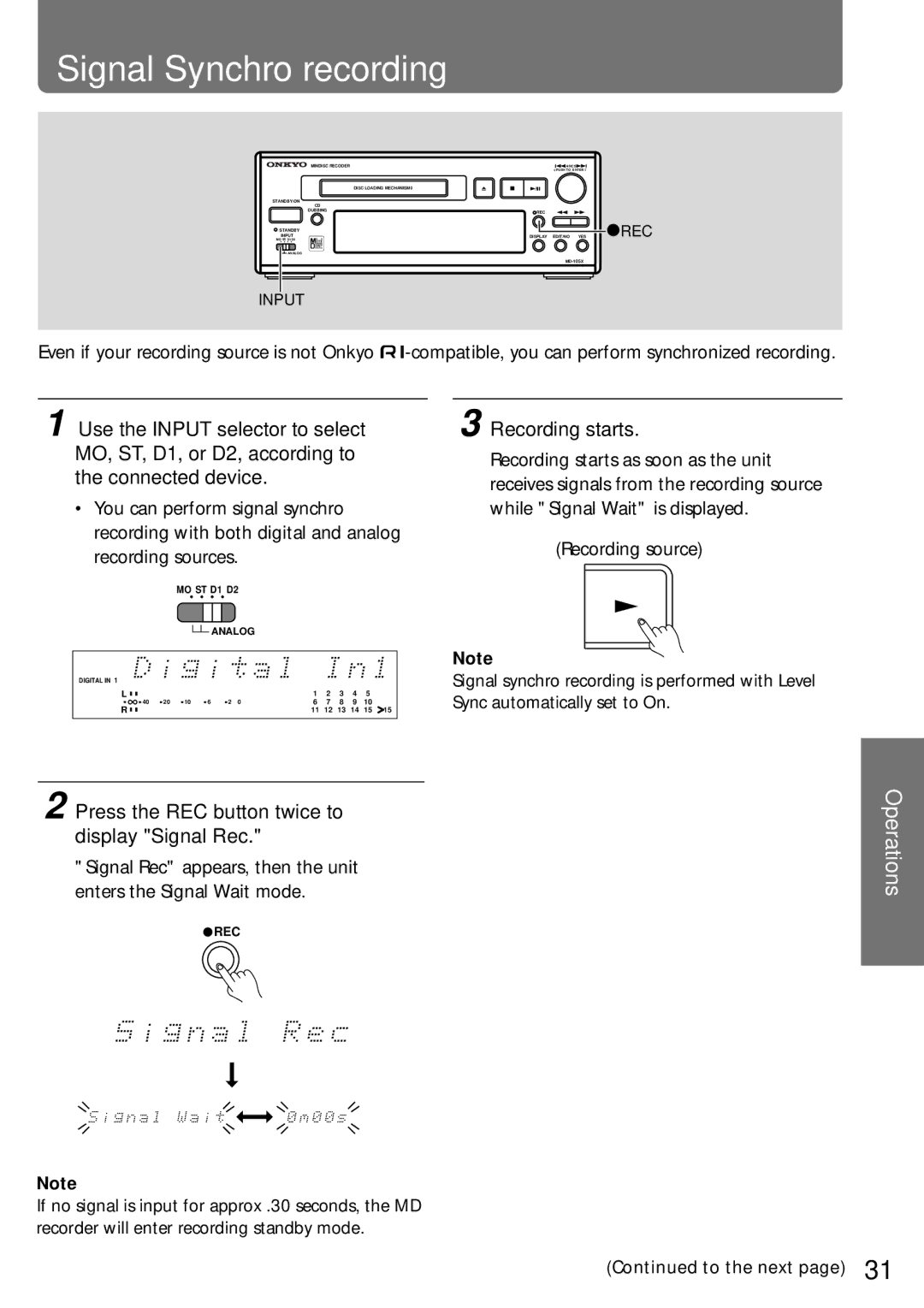 Onkyo MD-105X manual Signal Synchro recording, Recording starts, Press the REC button twice to display Signal Rec 