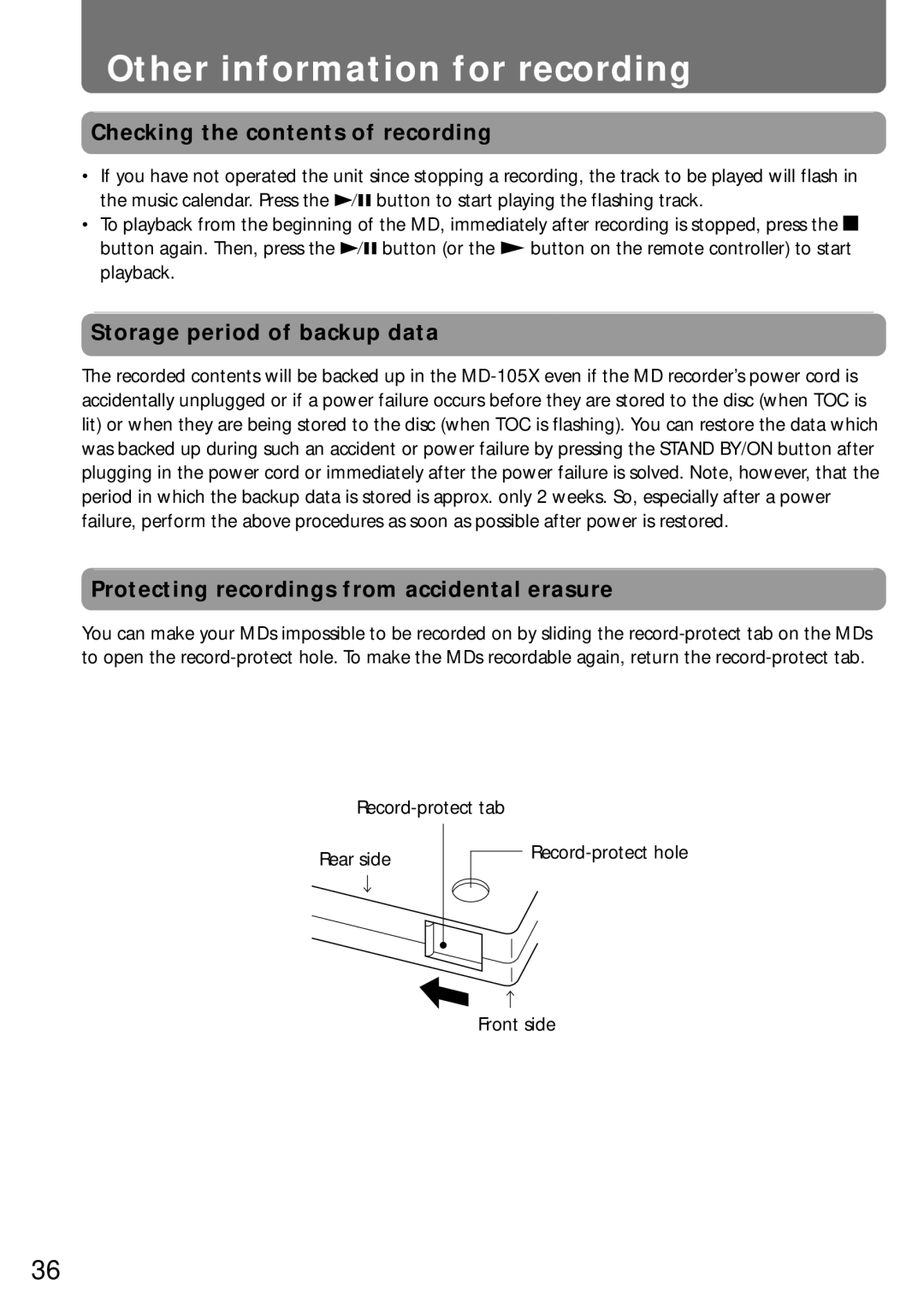 Onkyo MD-105X manual Other information for recording, Checking the contents of recording, Storage period of backup data 