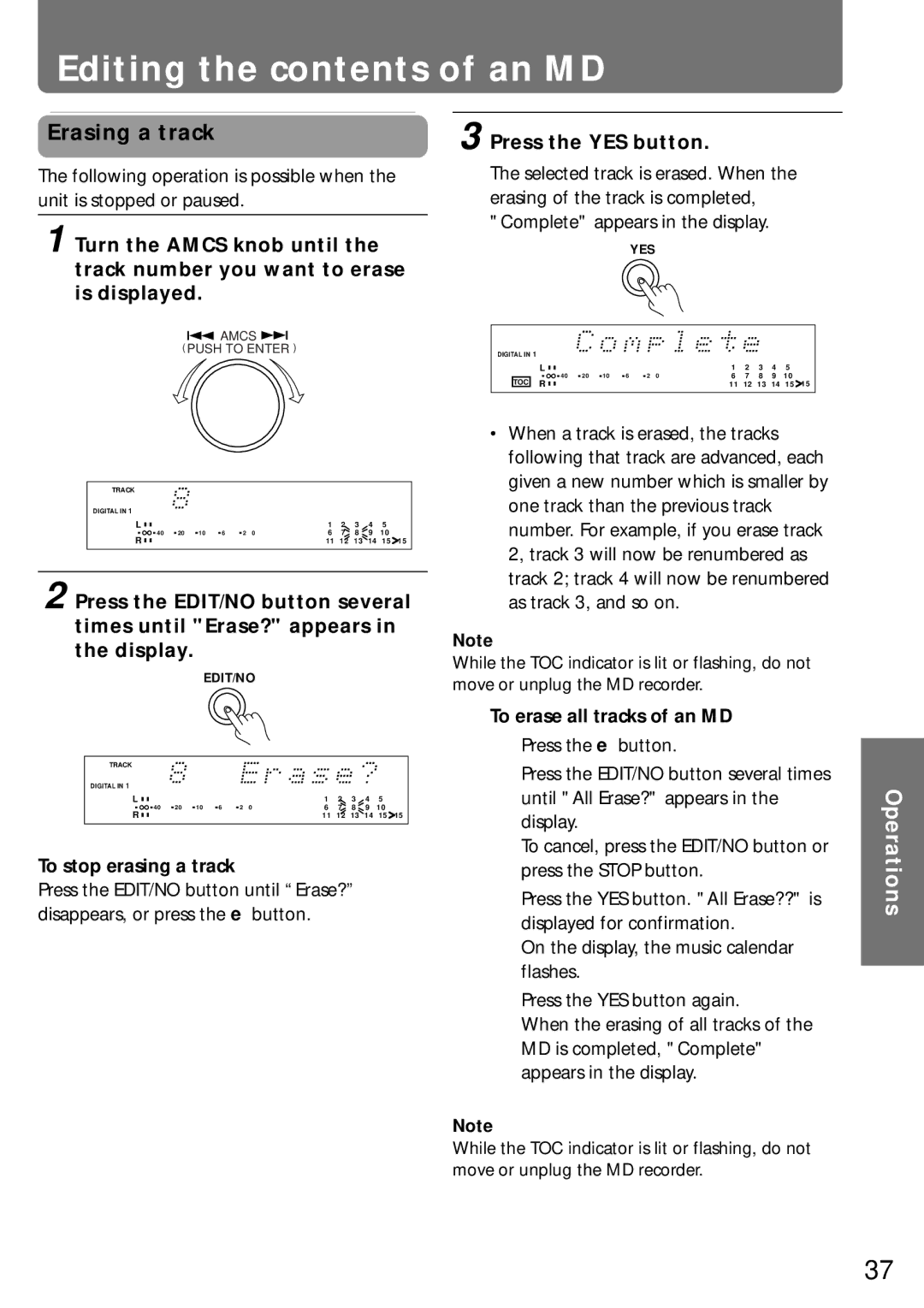 Onkyo MD-105X manual Editing the contents of an MD 