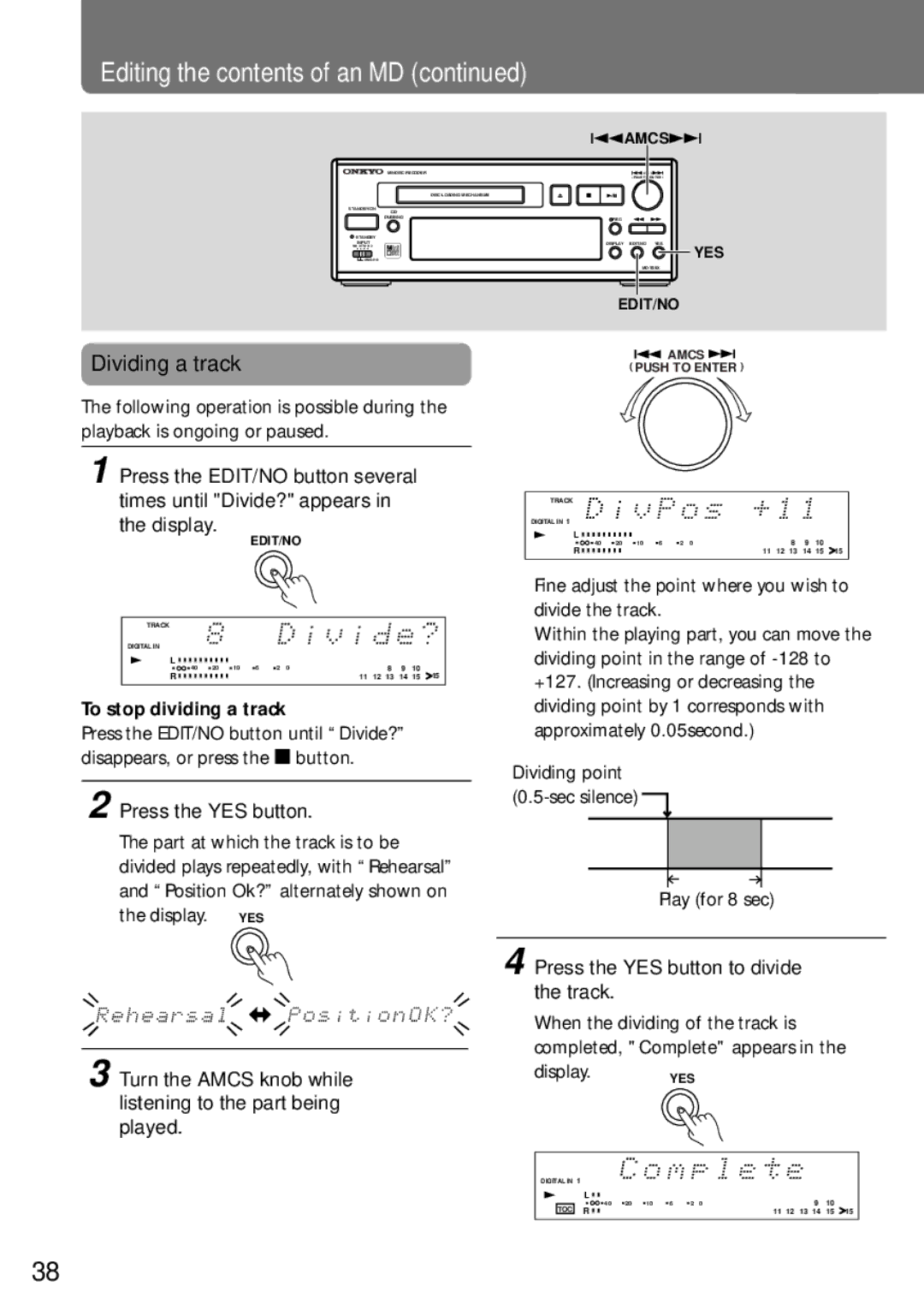 Onkyo MD-105X manual Editing the contents of an MD 