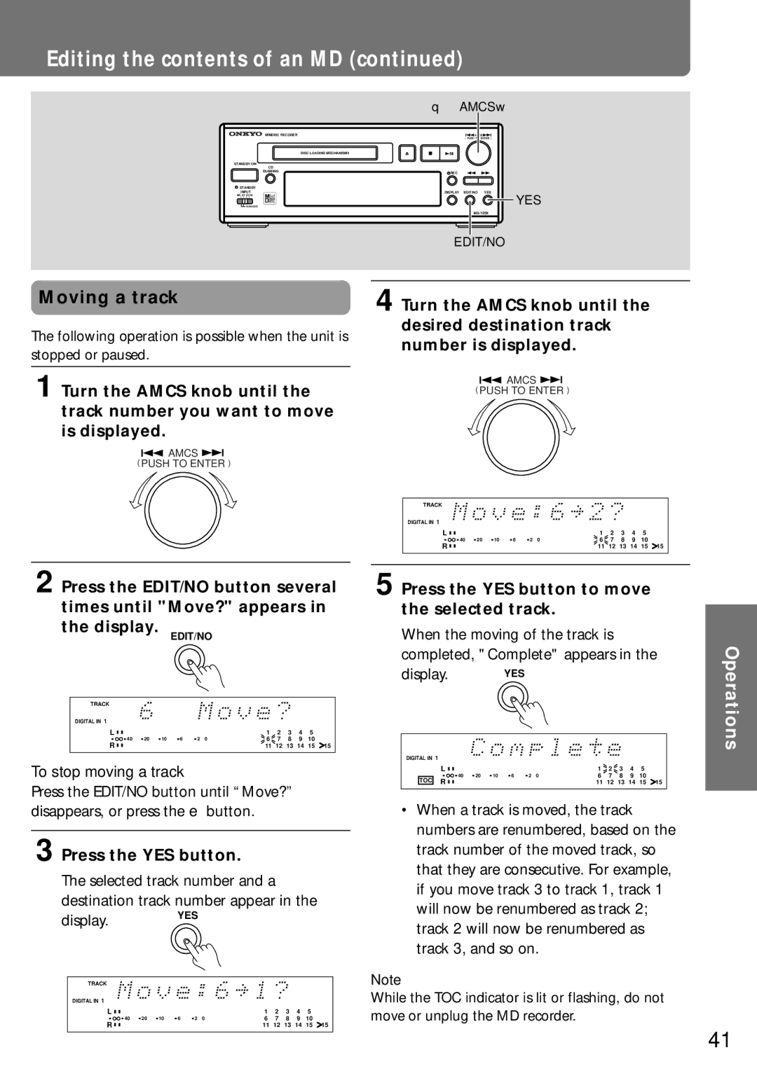 Onkyo MD-105X manual Moving a track, Press the YES button to move the selected track, To stop moving a track 