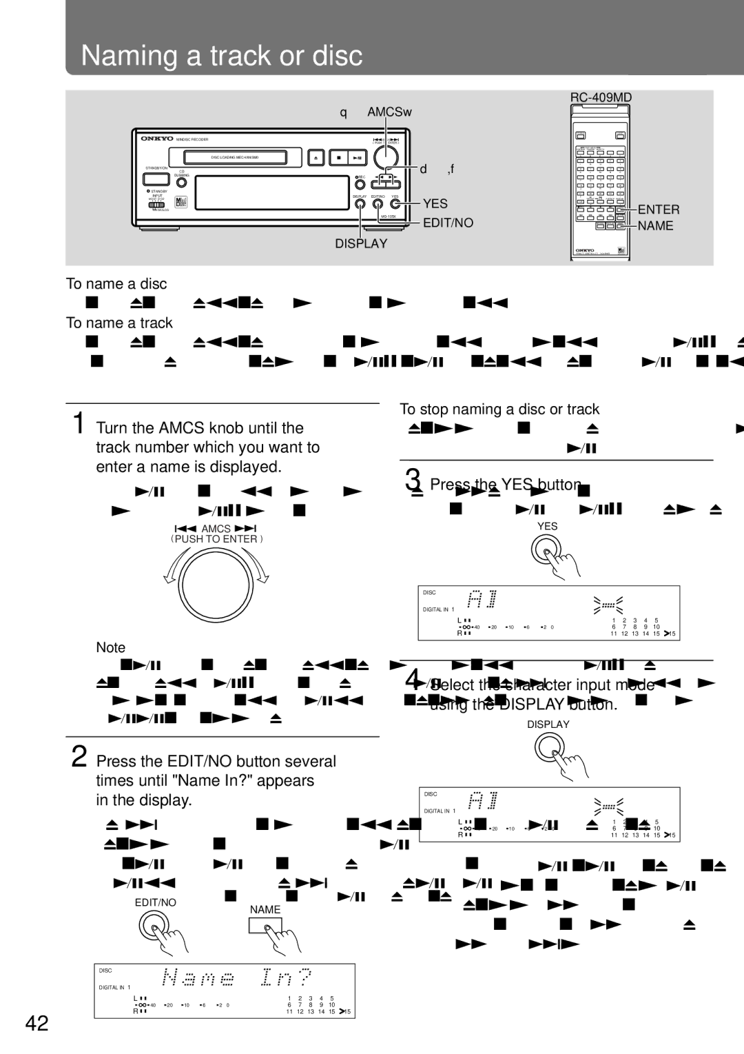 Onkyo MD-105X manual Naming a track or disc, Select the character input mode using the Display button, To name a disc 