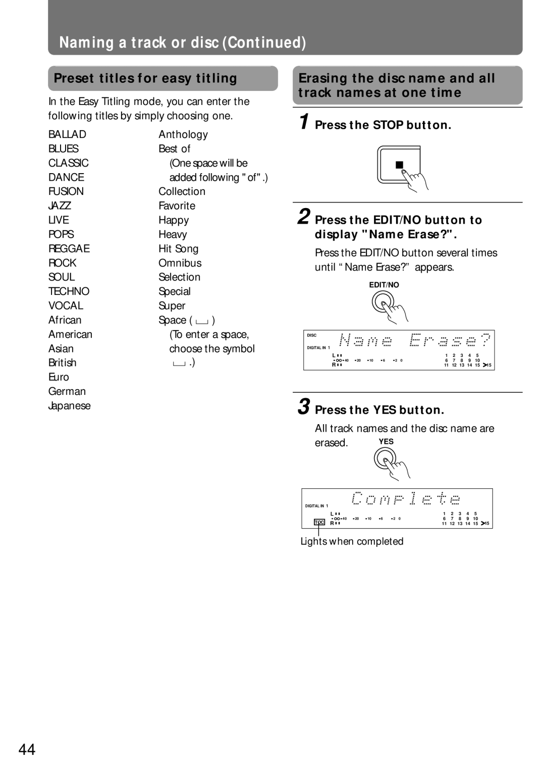 Onkyo MD-105X manual Preset titles for easy titling, Erasing the disc name and all track names at one time 