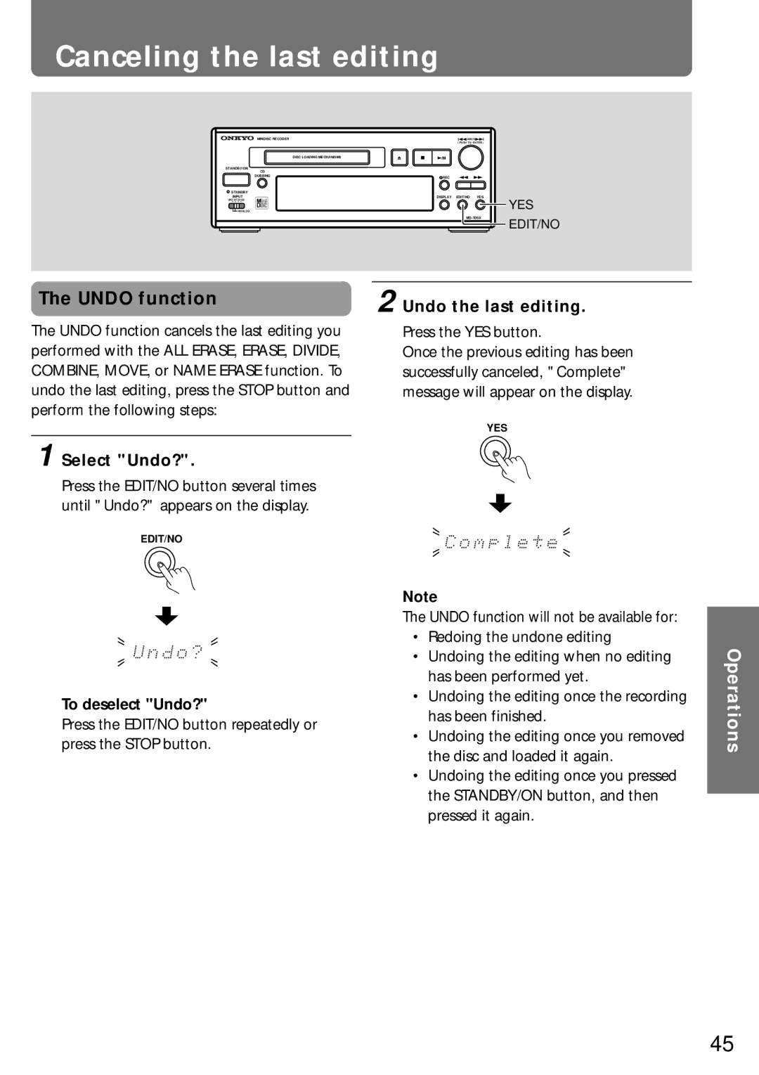 Onkyo MD-105X manual Canceling the last editing, Undo function, Undo the last editing, Select Undo?, To deselect Undo? 