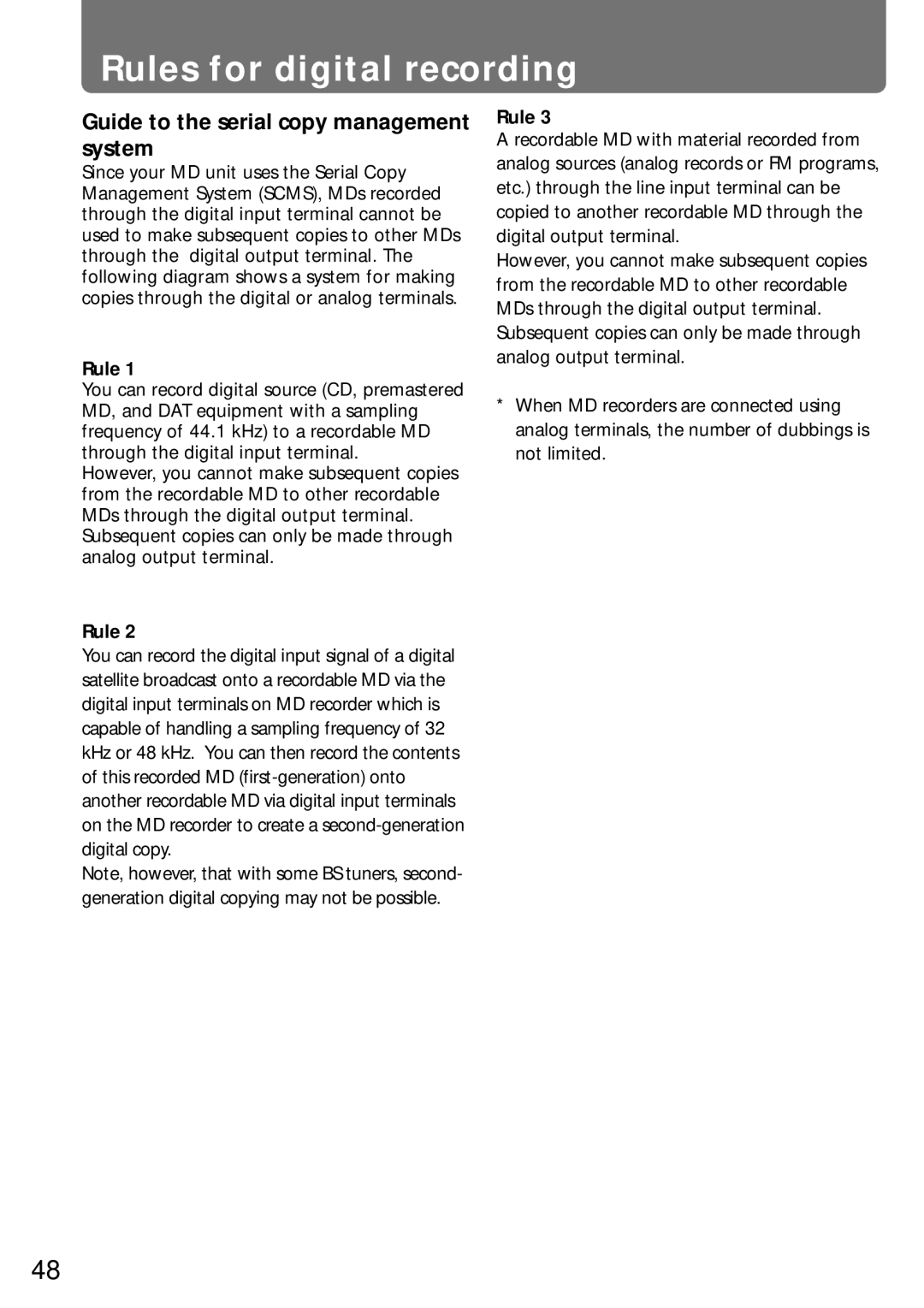 Onkyo MD-105X manual Rules for digital recording, Guide to the serial copy management system 