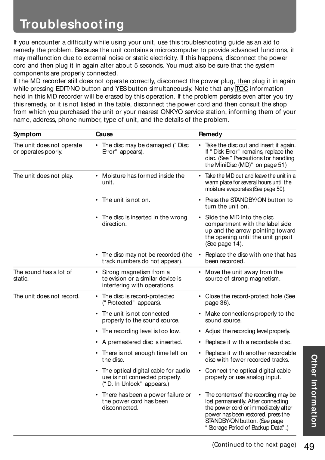 Onkyo MD-105X manual Troubleshooting, Symptom Cause Remedy 