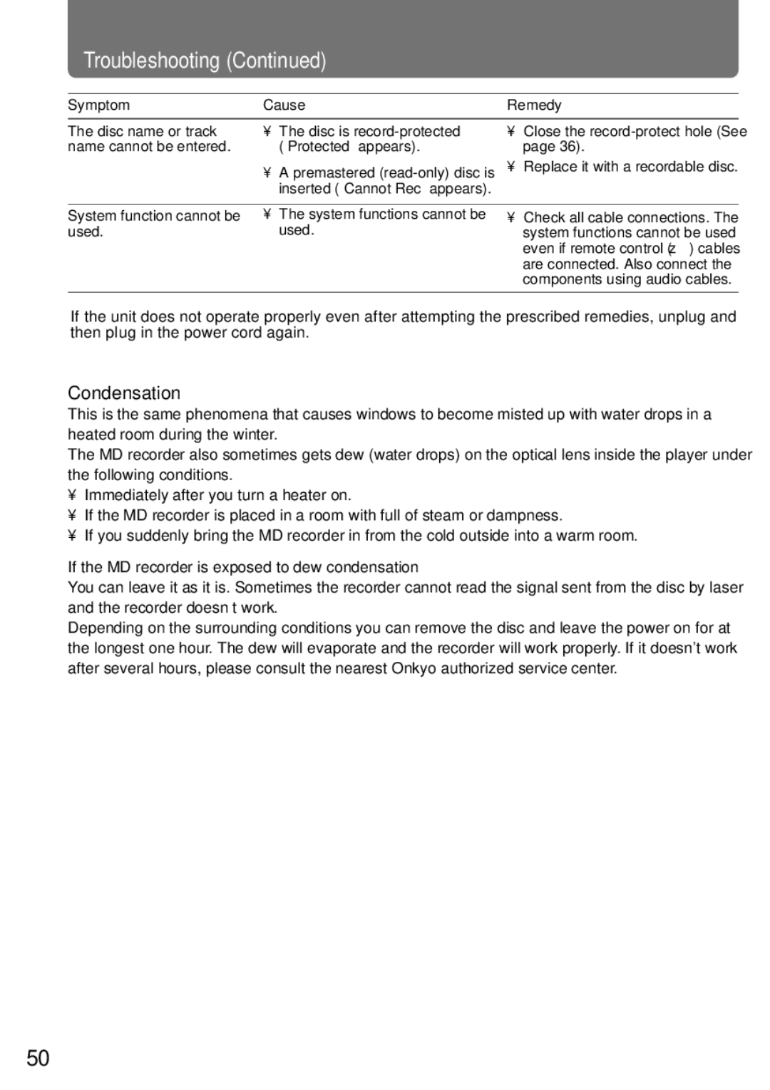 Onkyo MD-105X manual Troubleshooting, Condensation, Symptom Cause, Used, If the MD recorder is exposed to dew condensation 