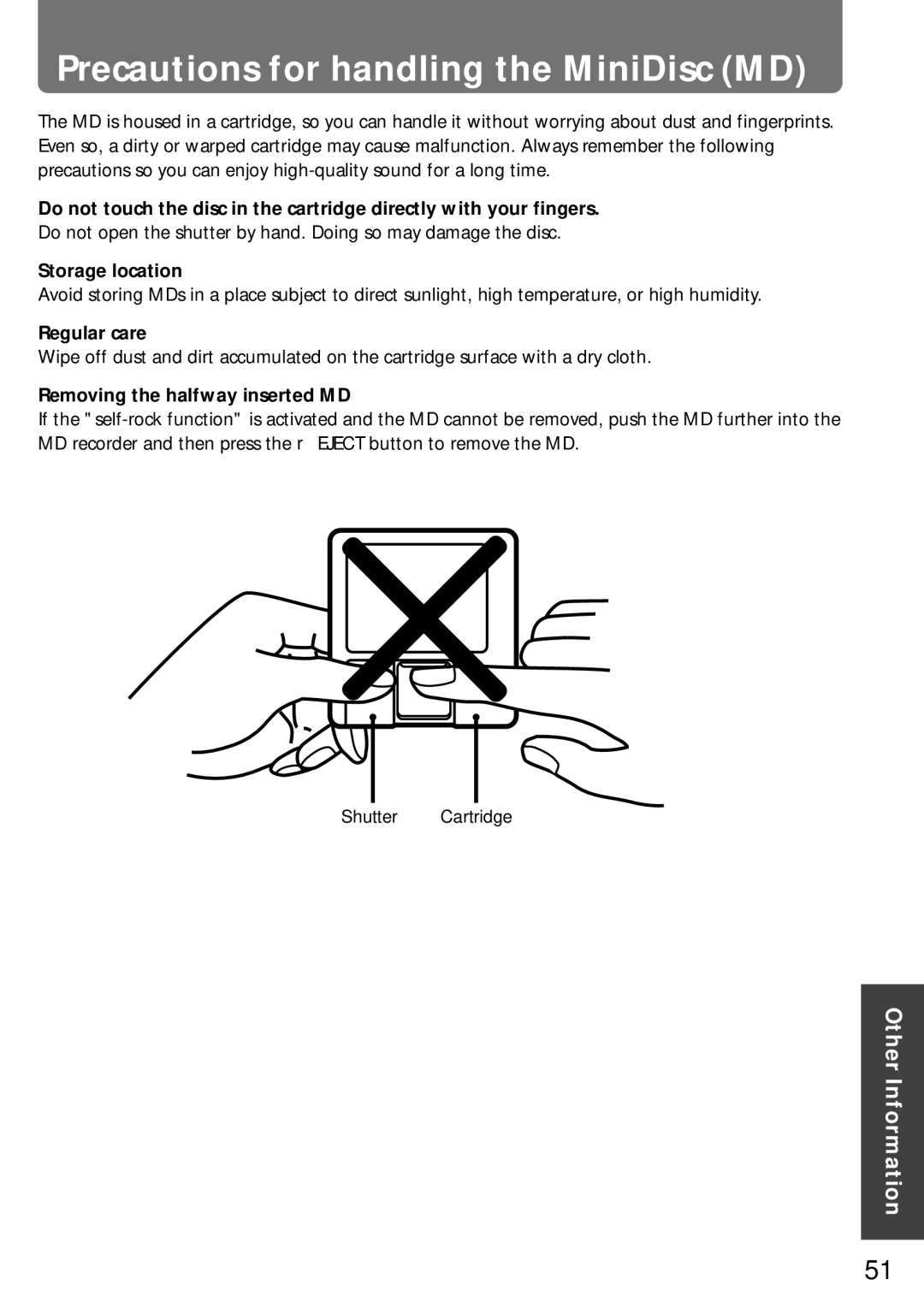 Onkyo MD-105X Precautions for handling the MiniDisc MD, Storage location, Regular care, Removing the halfway inserted MD 