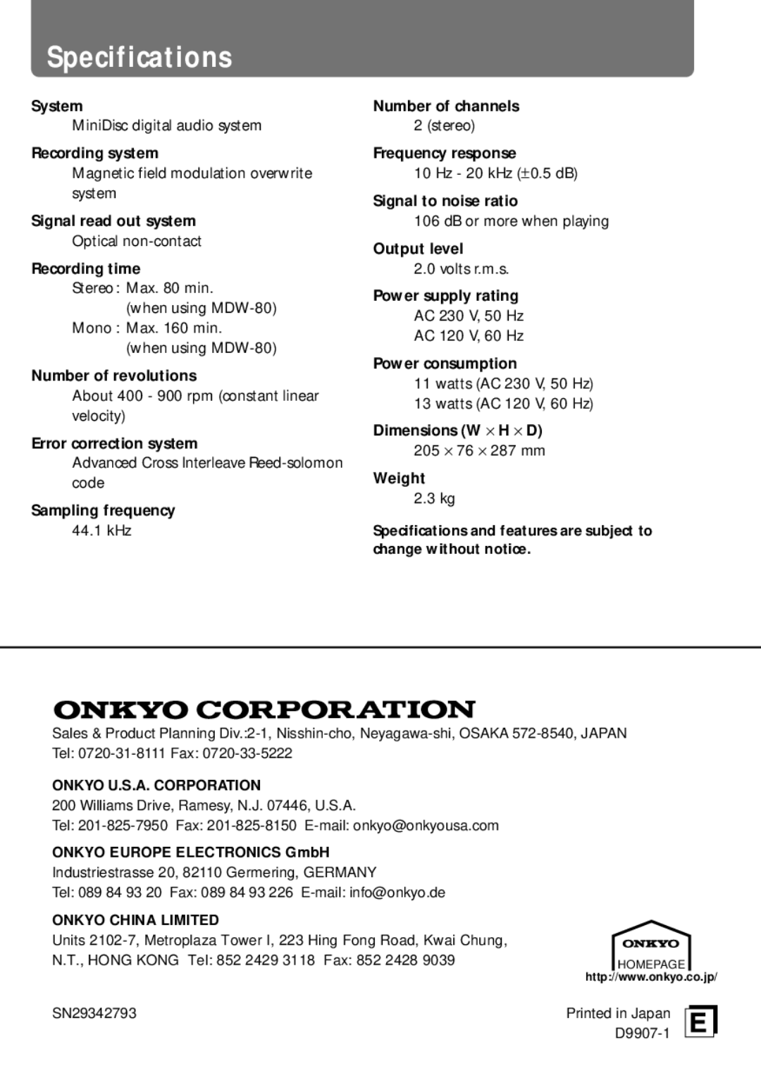 Onkyo MD-105X manual Specifications 