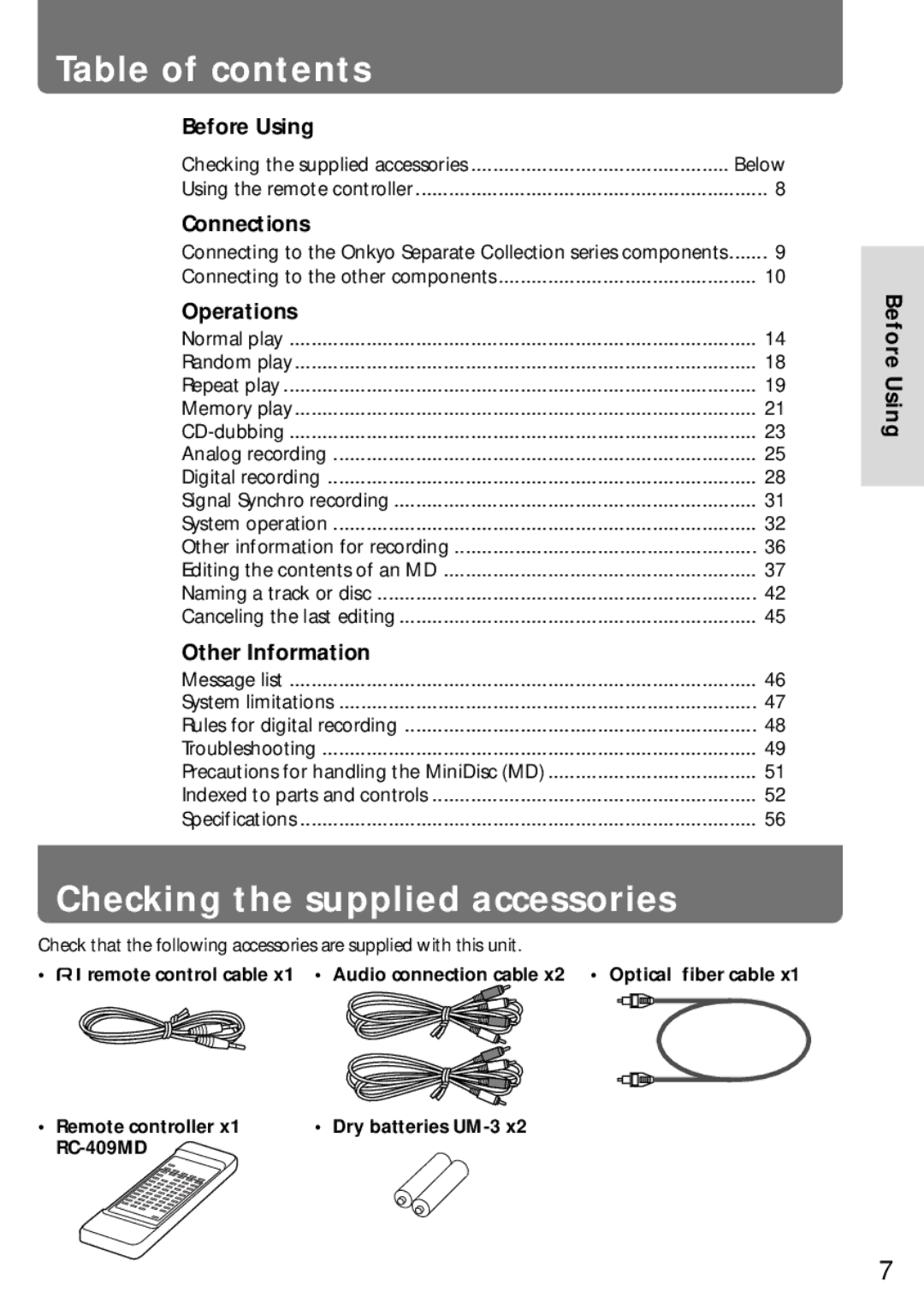 Onkyo MD-105X manual Table of contents, Checking the supplied accessories 