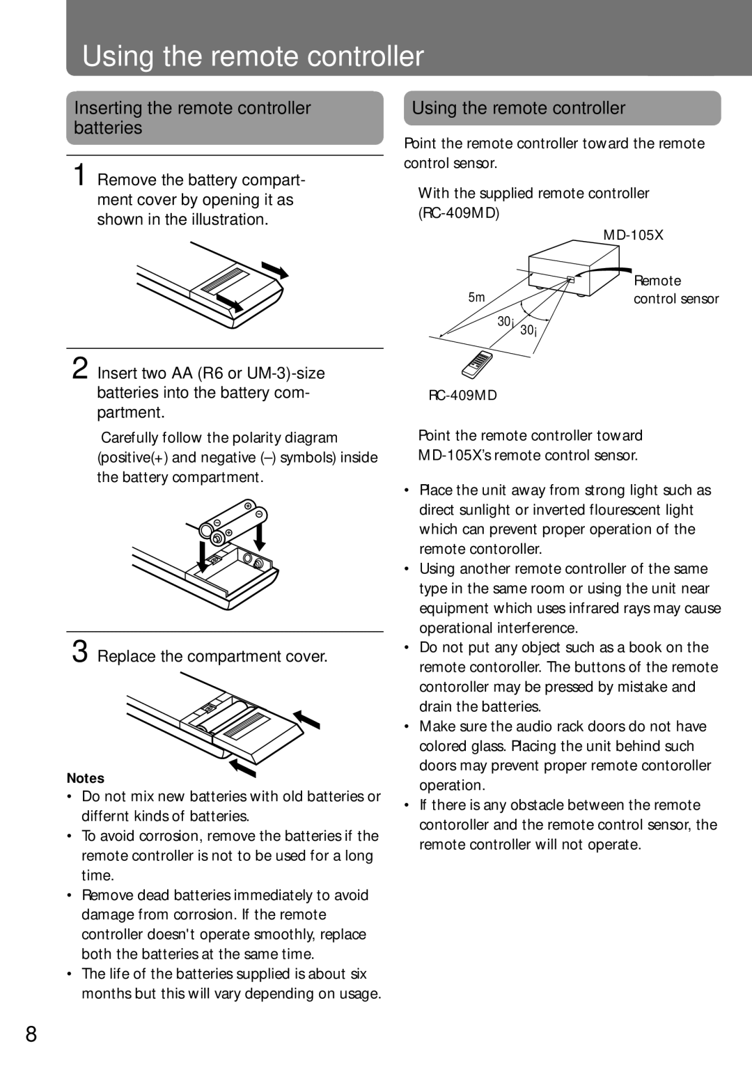 Onkyo MD-105X manual Using the remote controller, Inserting the remote controller batteries, Replace the compartment cover 