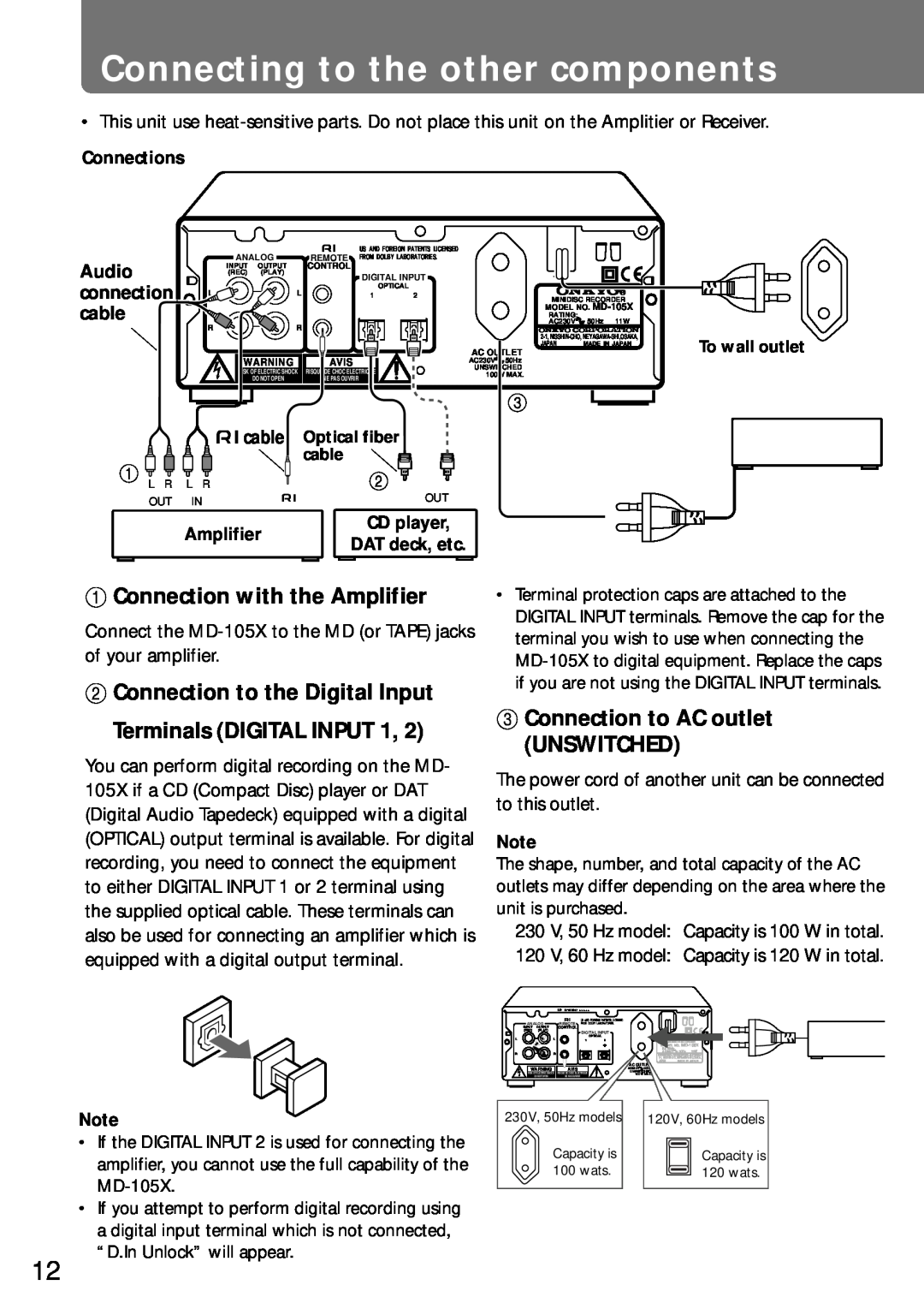 Onkyo MD-105X manual 1Connection with the Amplifier, 2Connection to the Digital Input, Terminals DIGITAL INPUT, Connections 