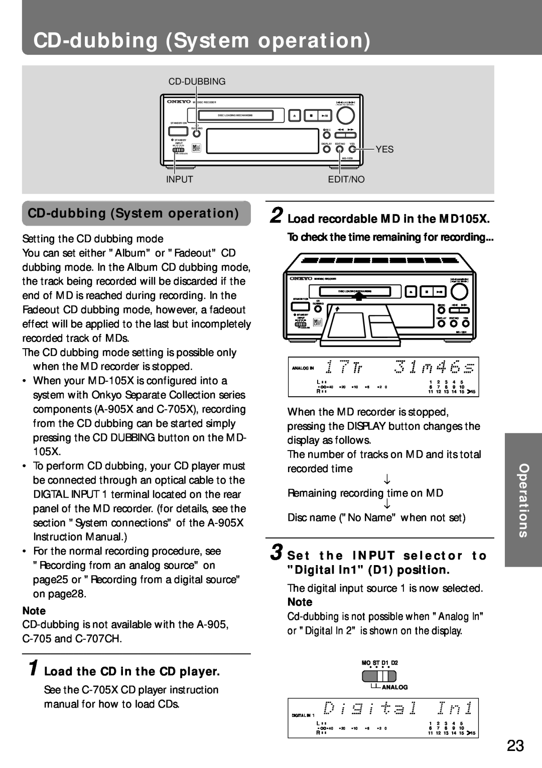 Onkyo MD-105X manual CD-dubbingSystem operation, Load recordable MD in the MD105X, Load the CD in the CD player, Operations 
