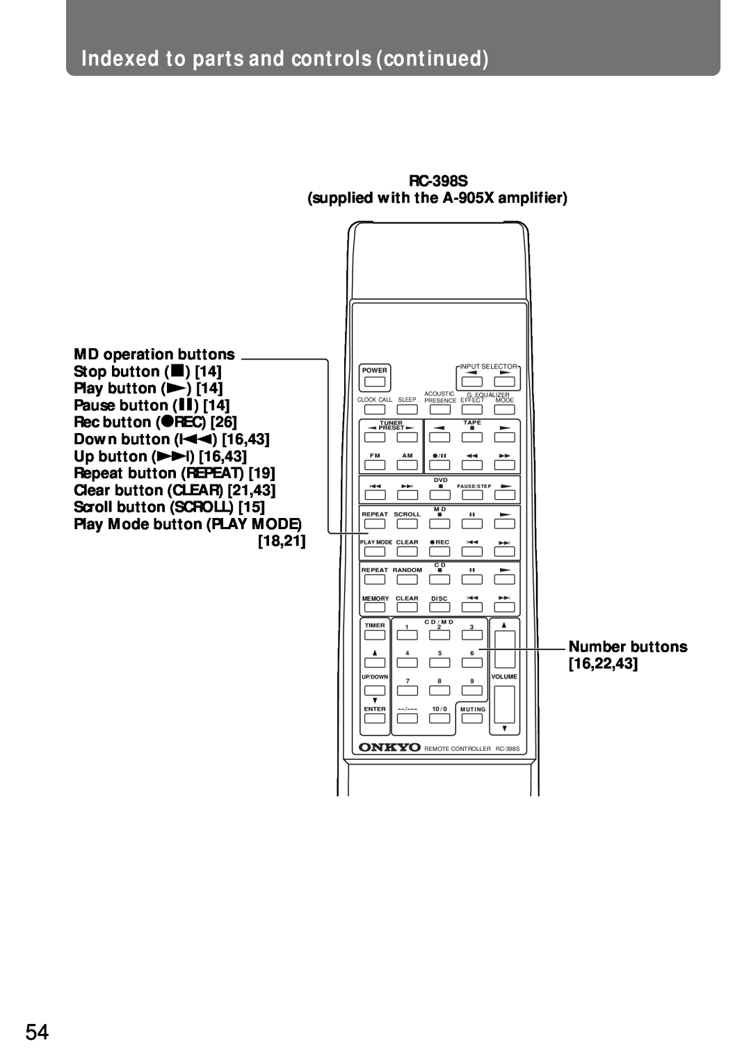 Onkyo MD-105X manual RC-398S, Indexed to parts and controls continued 