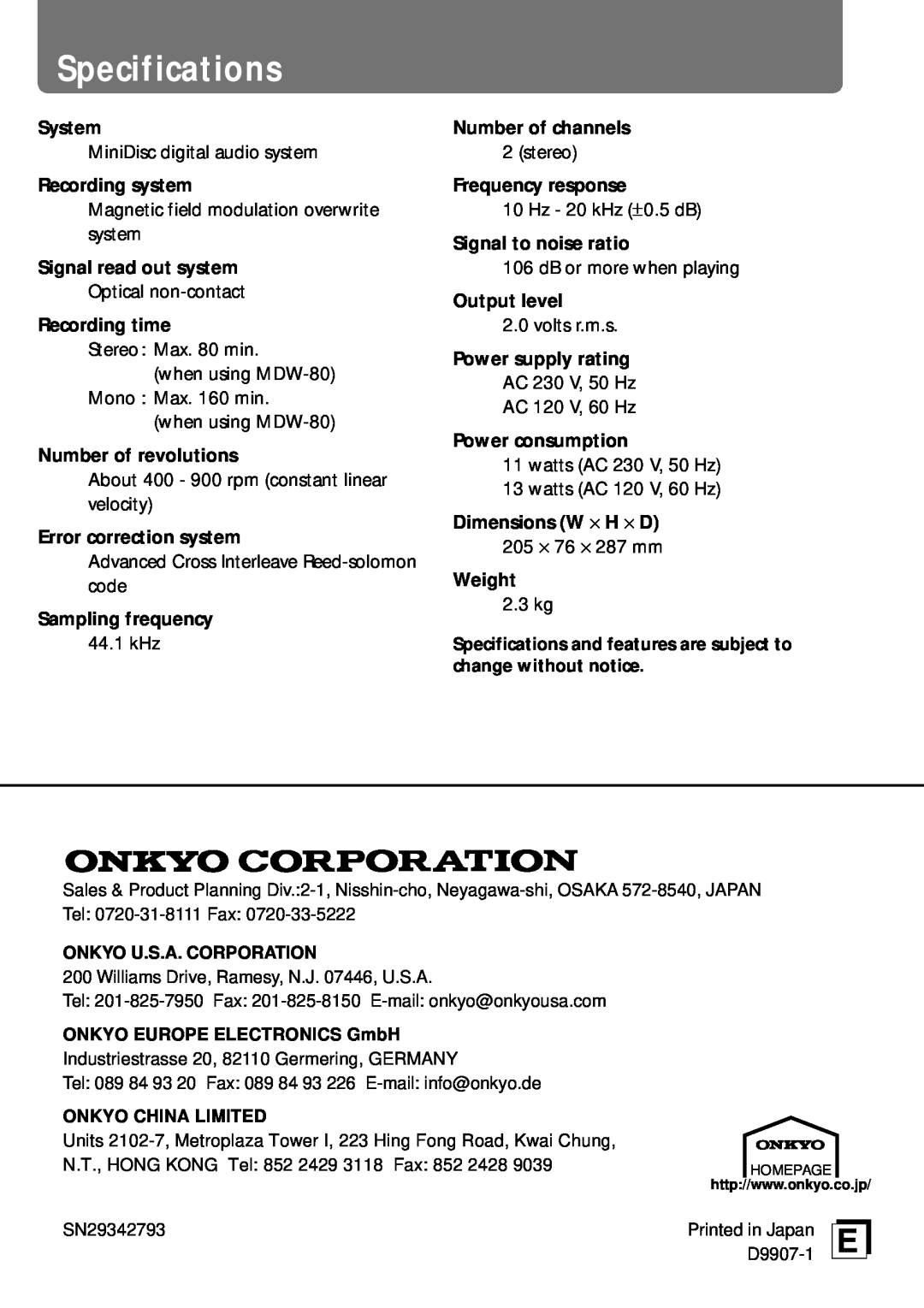 Onkyo MD-105X Specifications, System, Recording system, Signal read out system, Recording time, Number of revolutions 