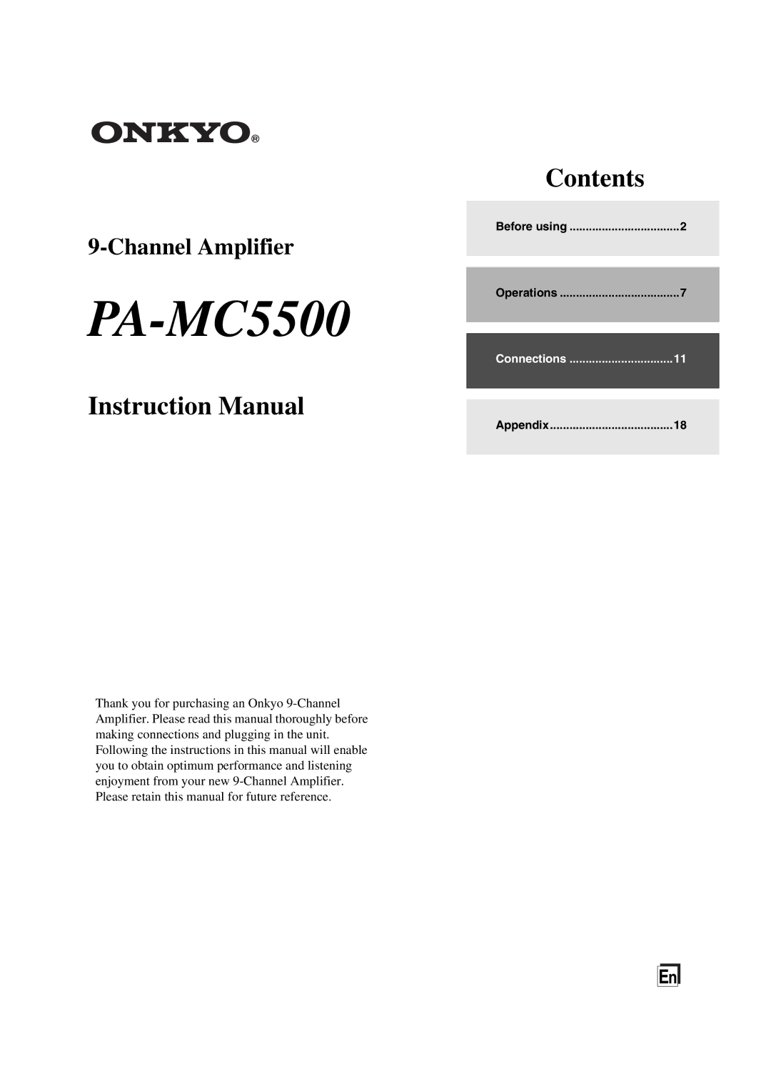 Onkyo PA-MC5500 instruction manual Before using, Operations, Appendix 