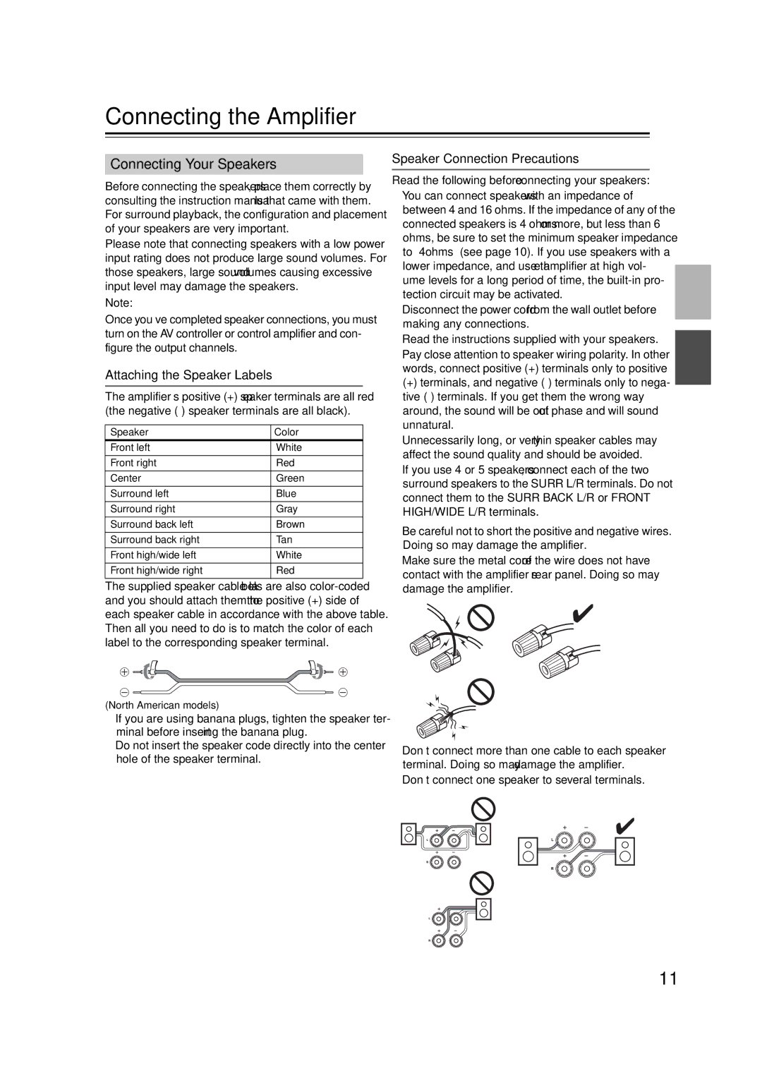 Onkyo PA-MC5500 instruction manual Connecting the Amplifier, Connecting Your Speakers, Speaker Color, North American models 